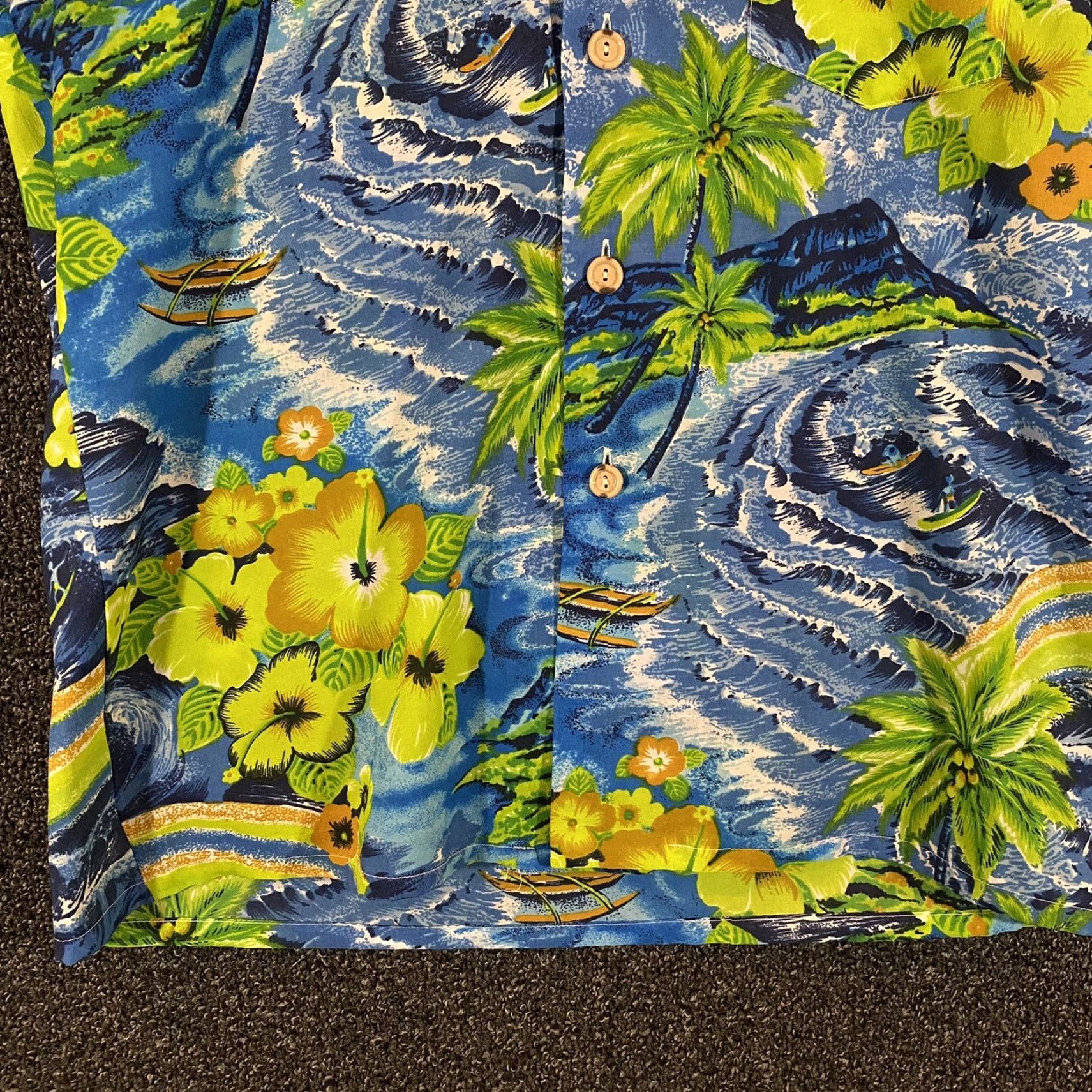 ALOHAS VINTAGE Aloha Shirt Mens Medium Blue Green Floral Button-Up Short Sleeve Wave Print S/S Size US M / EU 48-50 / 2 - 5 Thumbnail