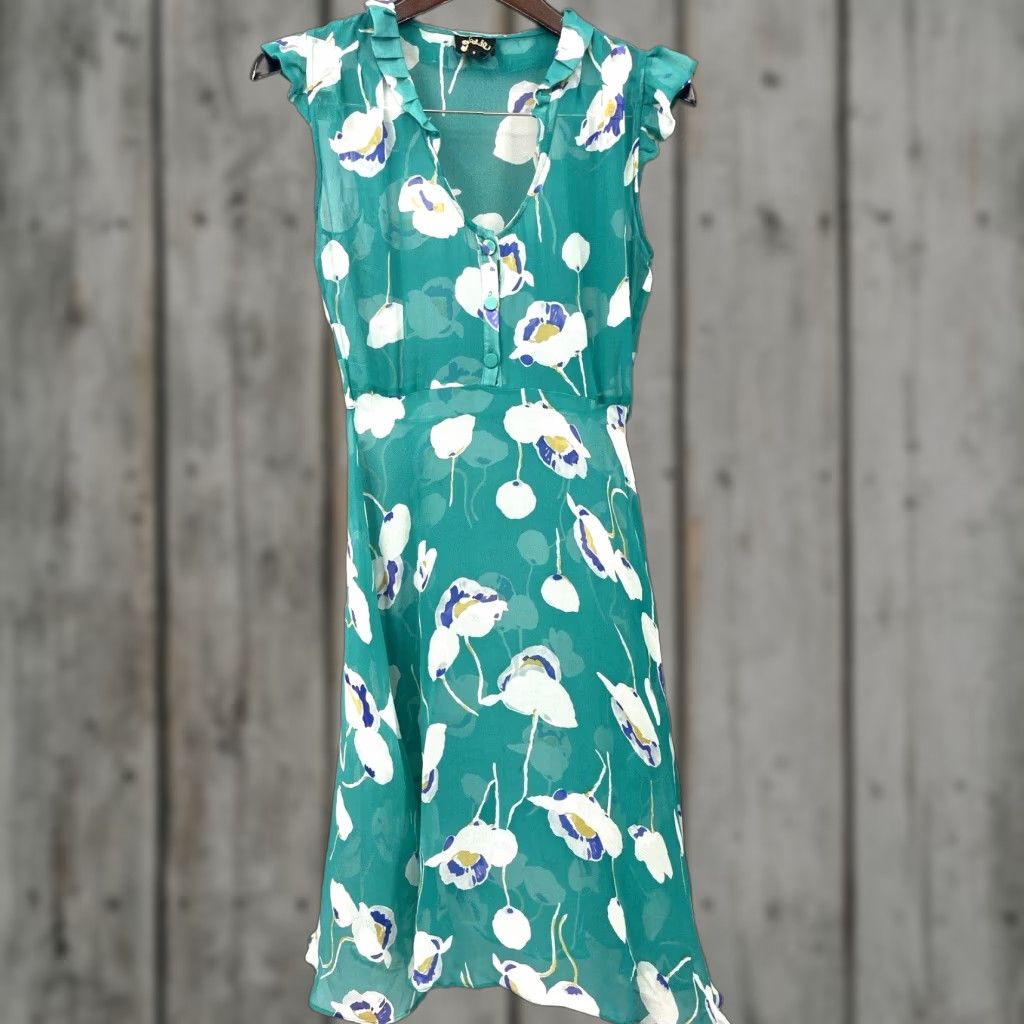 Vintage Nookie Women's Silk Dress Sheer Floral Mini Green Cap Sleeve Casual 8 Spring Summer Fall Winter Size M / US 6-8 / IT 42-44 - 1 Thumbnail