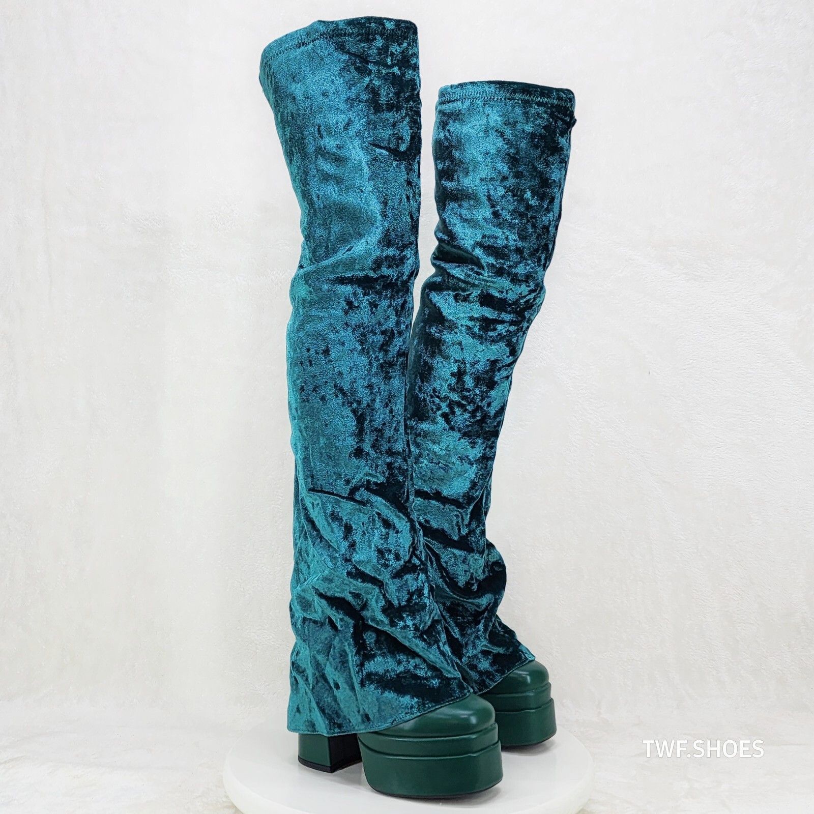 Other Unique Thigh High Green Velvet Fold over Skirted Chunky Heel Size US 8 / IT 38 - 3 Thumbnail