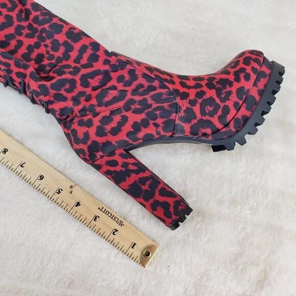 Other Fever Red Leopard Stretch Lace Up Back OTK Chunky Heel Boots Size US 7.5 / IT 37.5 - 3 Thumbnail