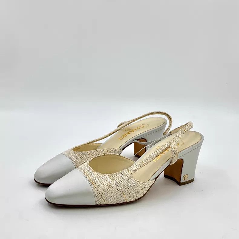 Chanel Chanel White woven tweed stitching thick high-heeled sanda Size US 7 / IT 37 - 1 Thumbnail
