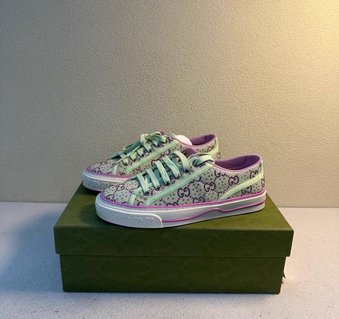 Gucci GUCCI Tennis Women's Green Purple Rhinestone Sneaker Size US 5.5 / IT 35.5 - 1 Thumbnail