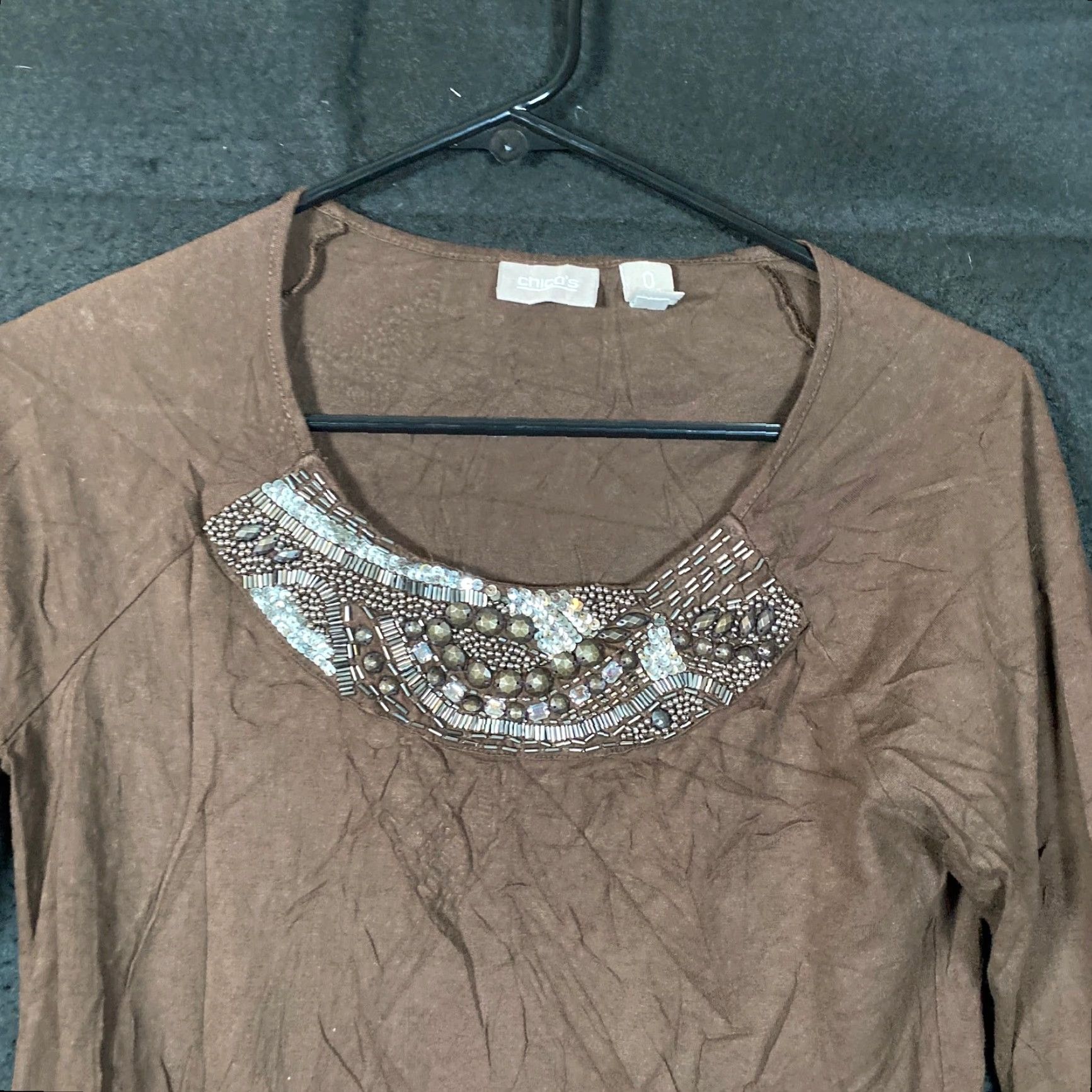 Vintage Chico's Bejeweled Crew Neck 3/4 Sleeve Modal Blend Shirt S Brown Womens Size S / US 4 / IT 40 - 2 Thumbnail