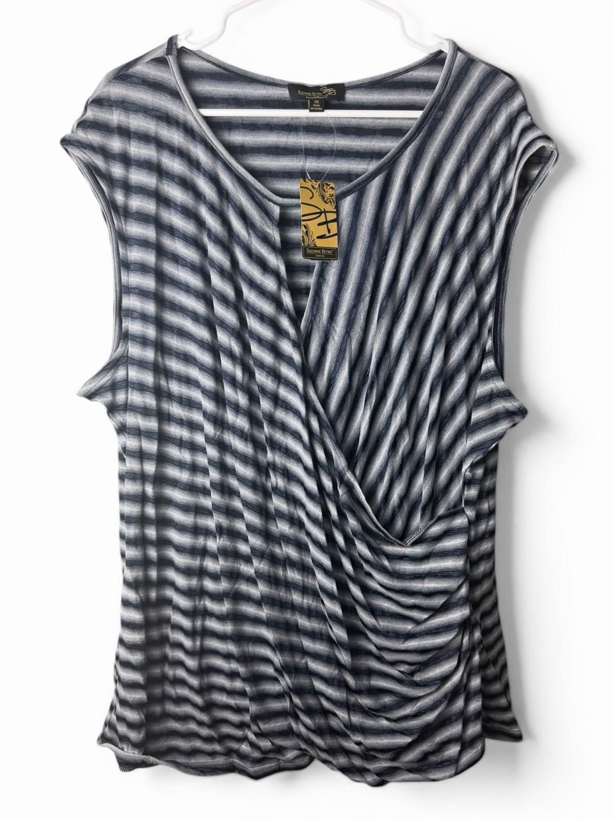 Other Suzanne Betro 3X Stripe Surplice Drape Top Blue Gray Size 3XL / US 20-22 - 2 Thumbnail