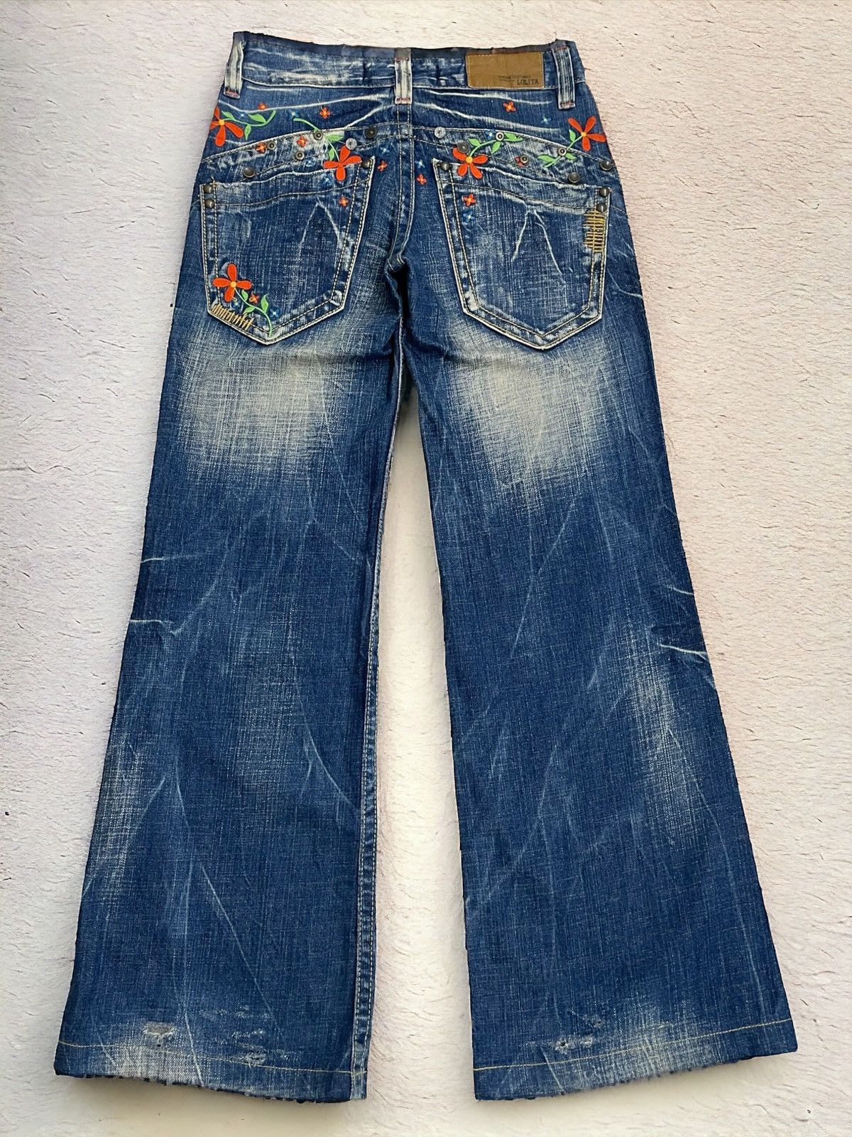 Lolita Wide Leg Muddy Embroidery Studded Flare Denim Pants