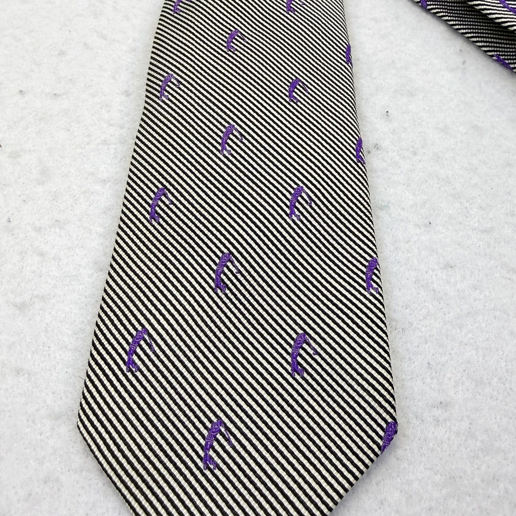 Peter Millar Peter Millar Tie Mens Silk One Size Gray Striped Woven Embroidered Fish Purple Pattern Vintage No Size ONE SIZE - 4 Thumbnail