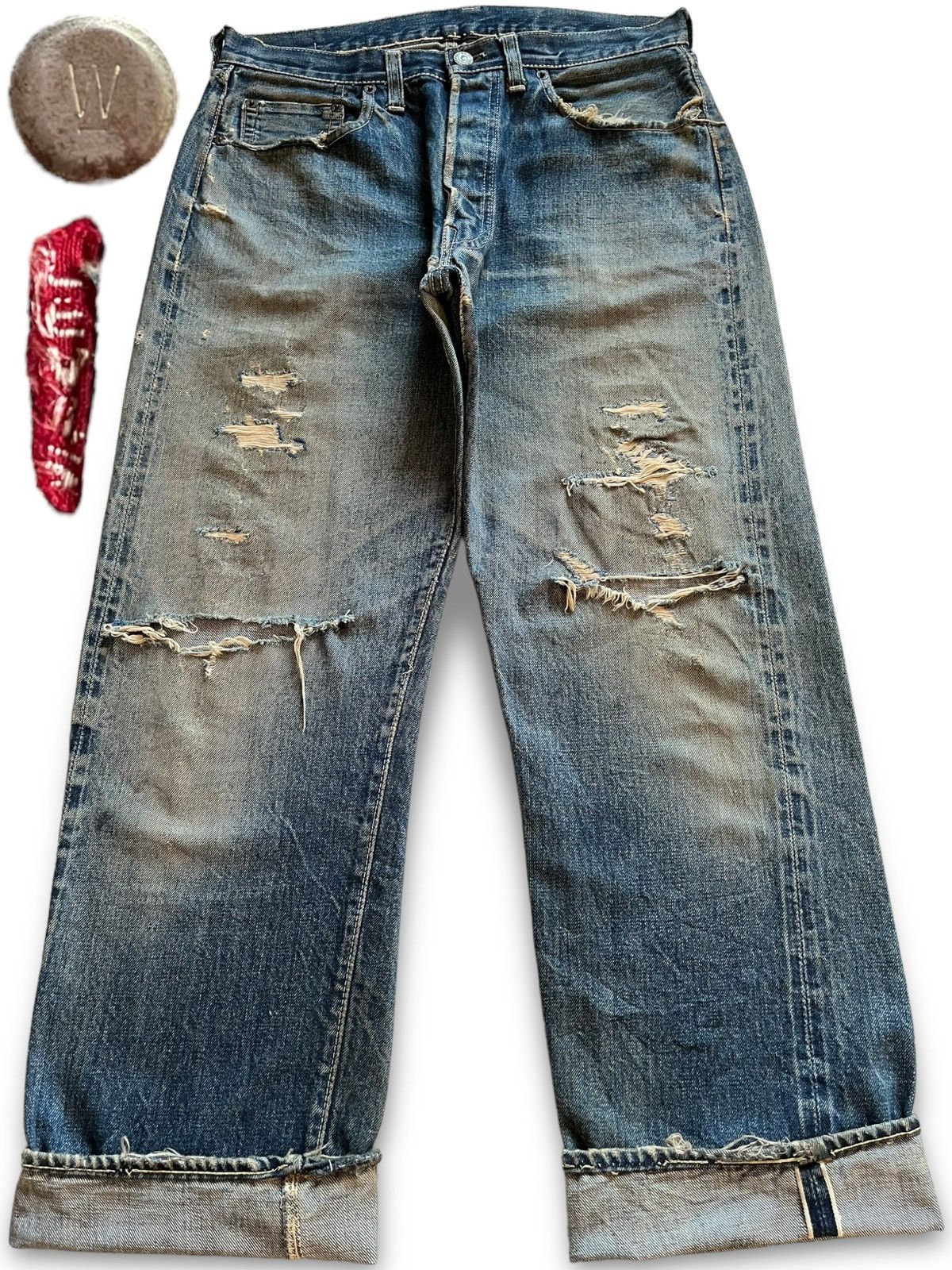 Levi's Vintage 50s Levis 501 Selvedge Big E Loose Jeans Button W Size US 31 - 1 Thumbnail