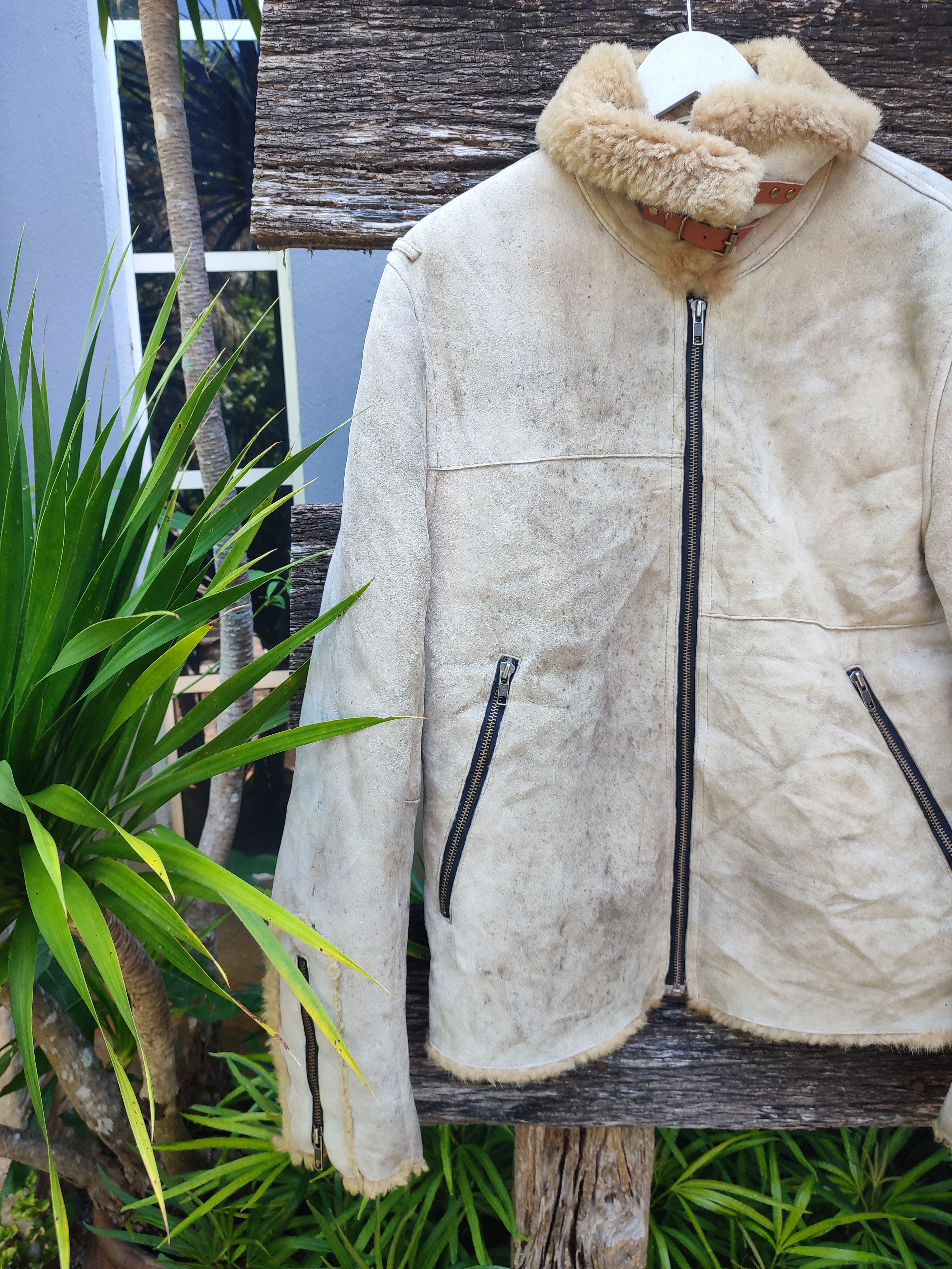 Designer Vintage Shearling Aviator Jacket – Distressed Beige Leather Size US M / EU 48-50 / 2 - 3 Thumbnail