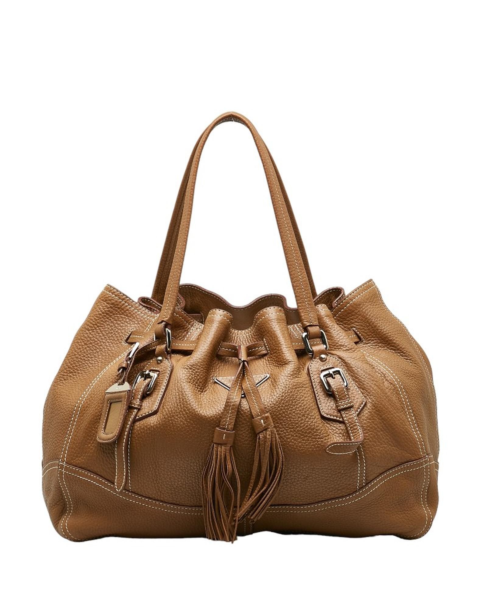 image of Prada Brown Drawstring Leather Tote Bag In Excellent Condition, Women's