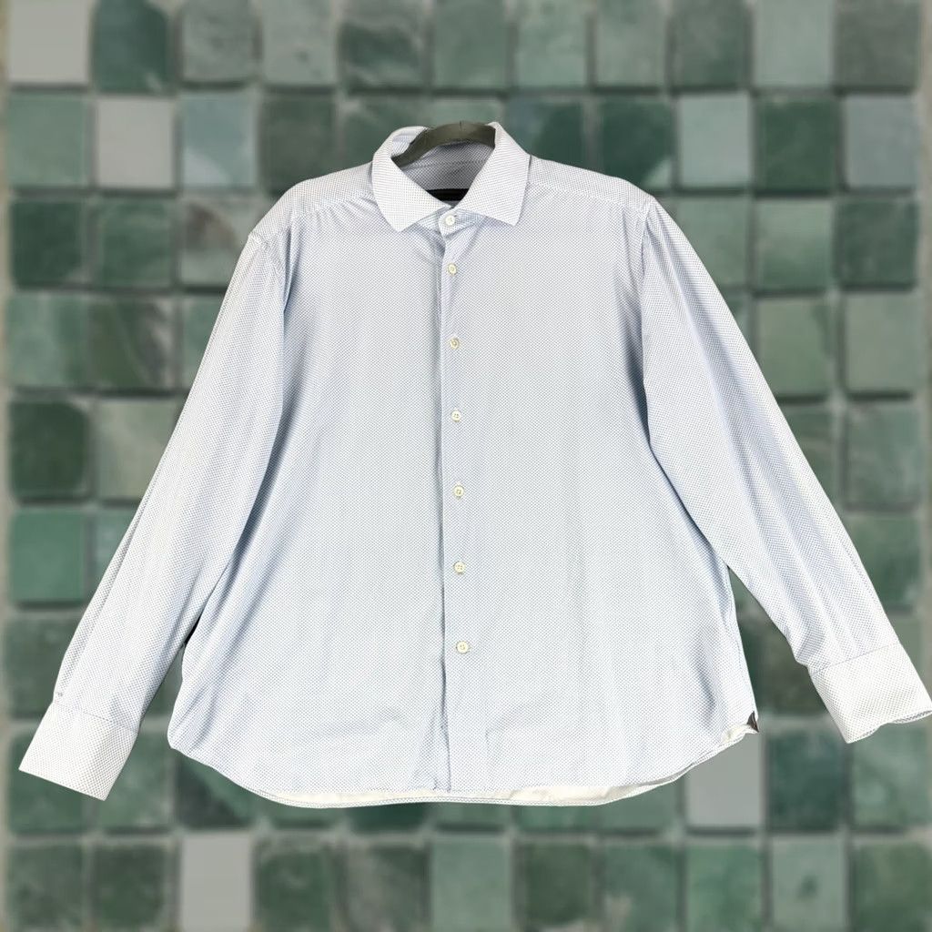 Corneliani Corneliani Button-Up Shirt Mens XL Blue White Micro Pattern Stretch 86-P178 Geometric Classic City Designer Business Casual Travel Party/Cocktail Size US XL / EU 56 / 4 - 1 Thumbnail