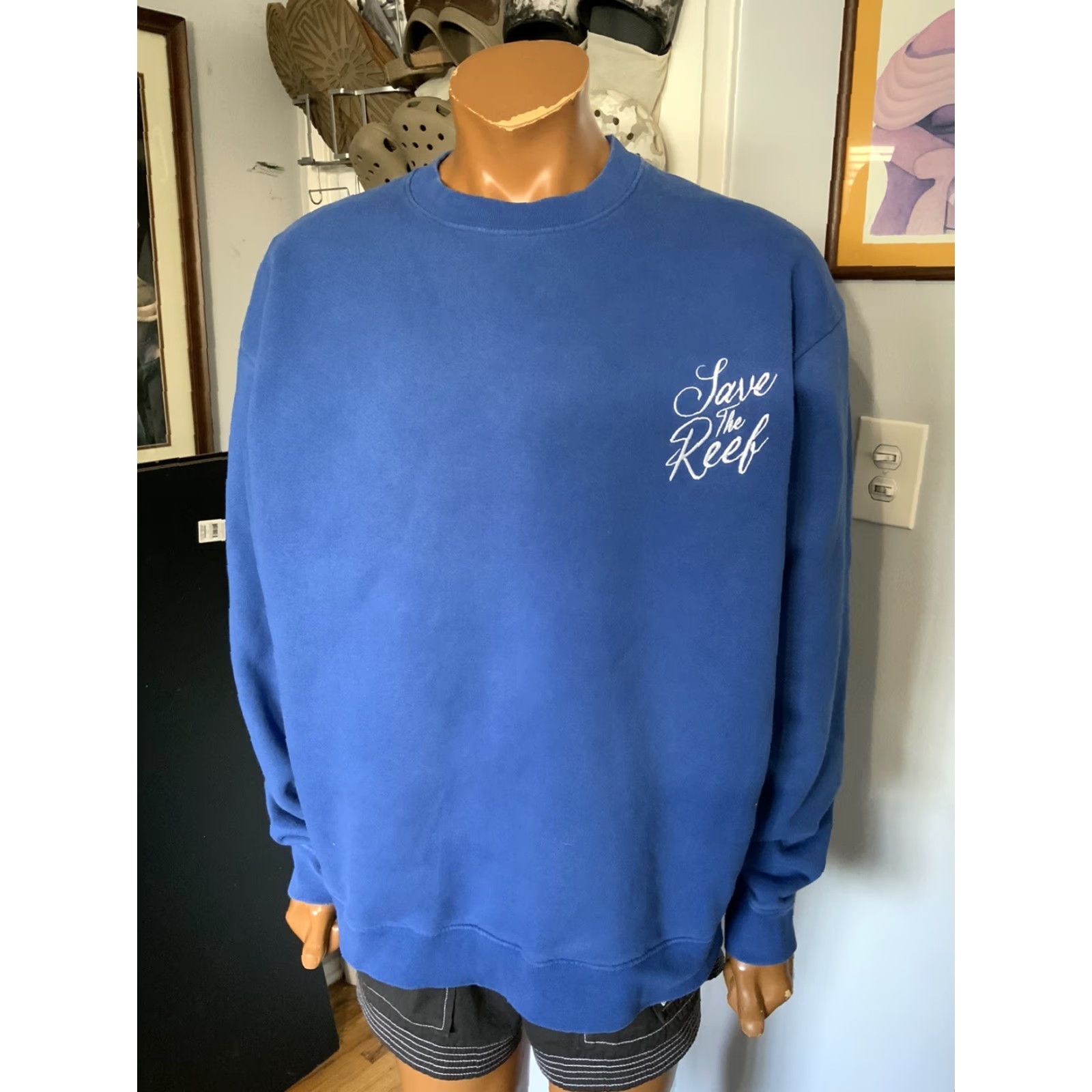 REEF VINTAGE Karmagawa Embroidered Save The Reef Blue Fleece Pullover Crewneck Sweatshirt XL Mens Size US XL / EU 56 / 4 - 7 Thumbnail