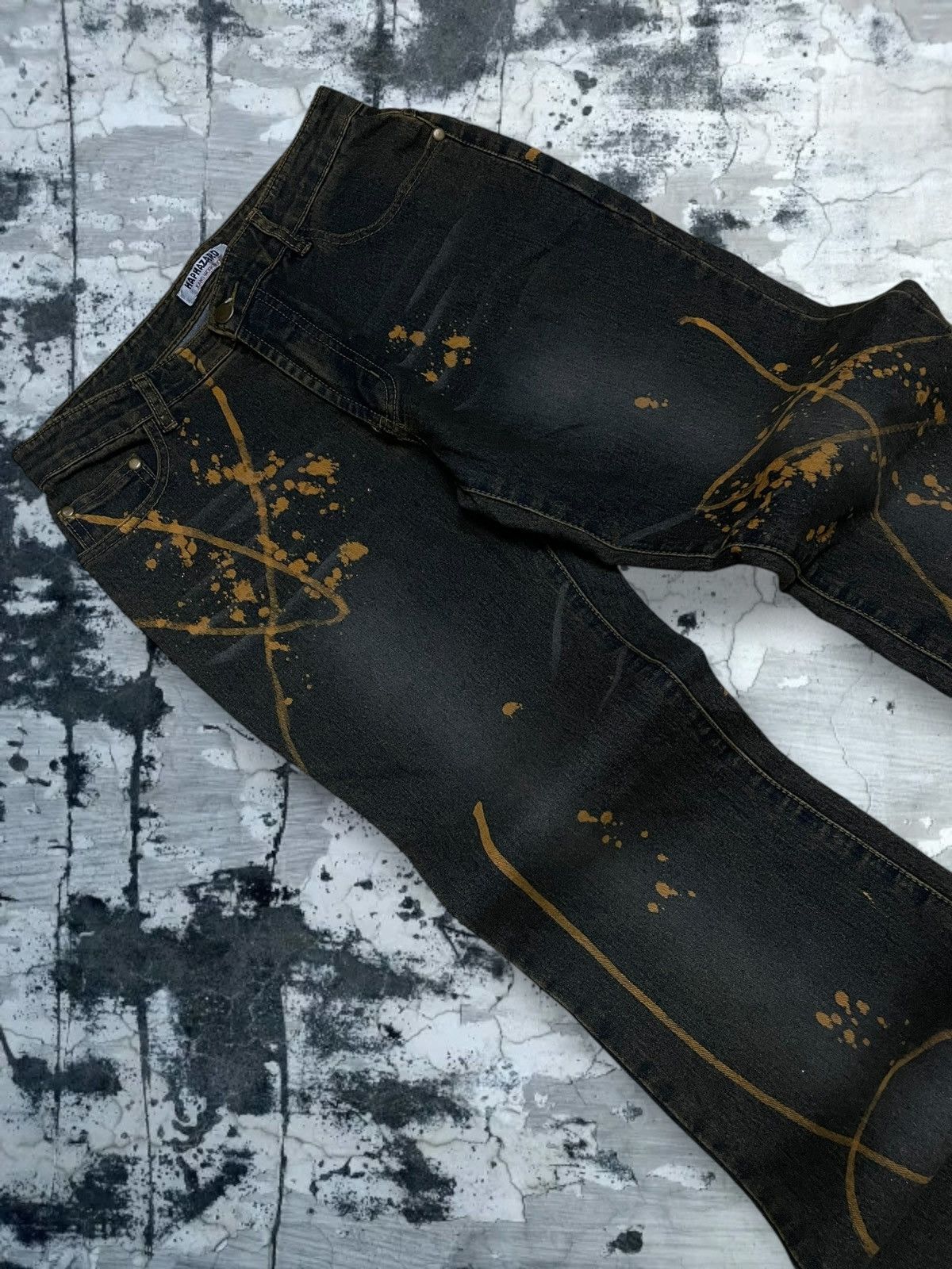 VTG Japan Designer Haphazard Flared Art Splash Bleach Denim