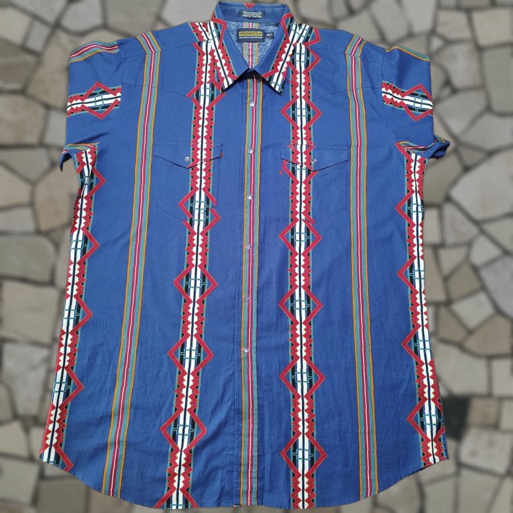 Vintage VINTAGE Panhandle Slim Brushpopper Pearl Snap Shirt Aztec Blue Mens XLT Shirt Size US XL / EU 56 / 4 - 1 Thumbnail