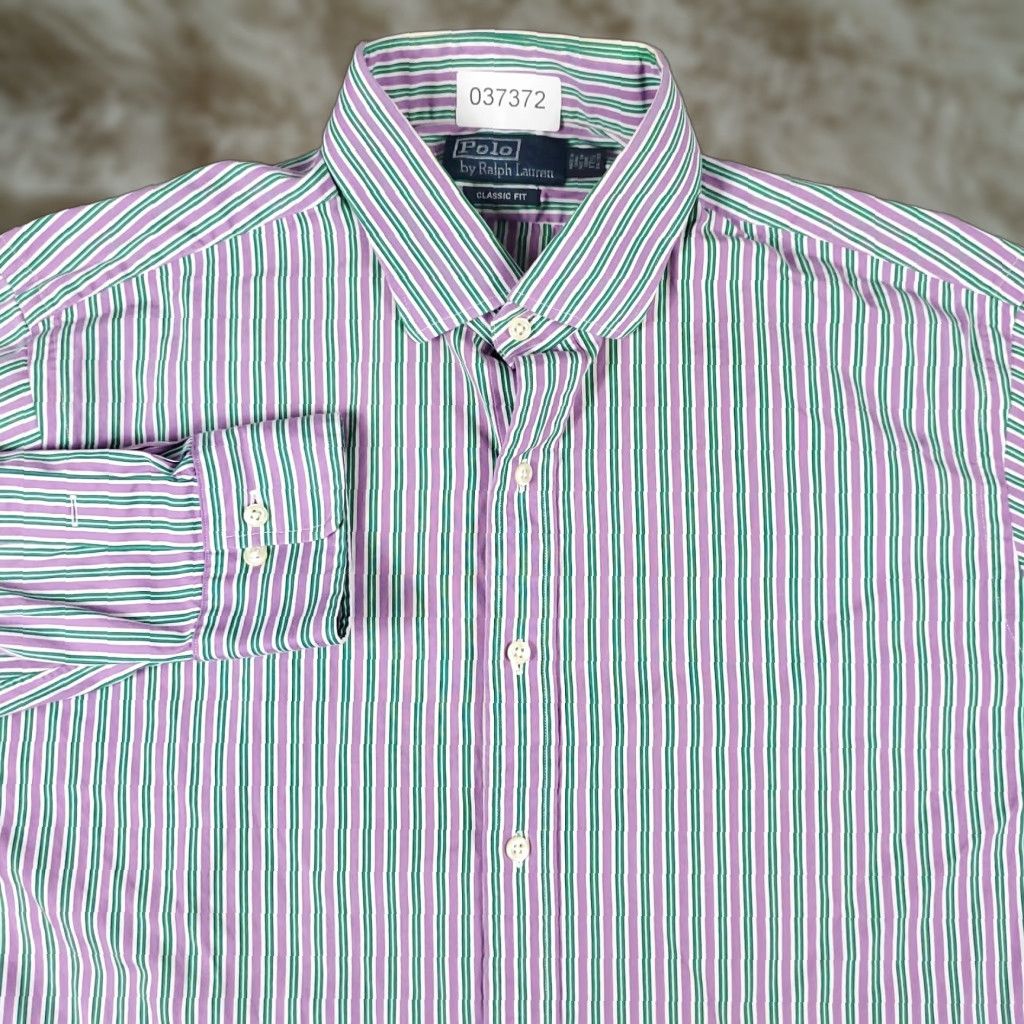 Ralph Lauren Ralph Lauren Dress Shirt Men 17.5 Purple Green Striped Long Sleeve Button Up Regular Fit Size 46R - 1 Thumbnail