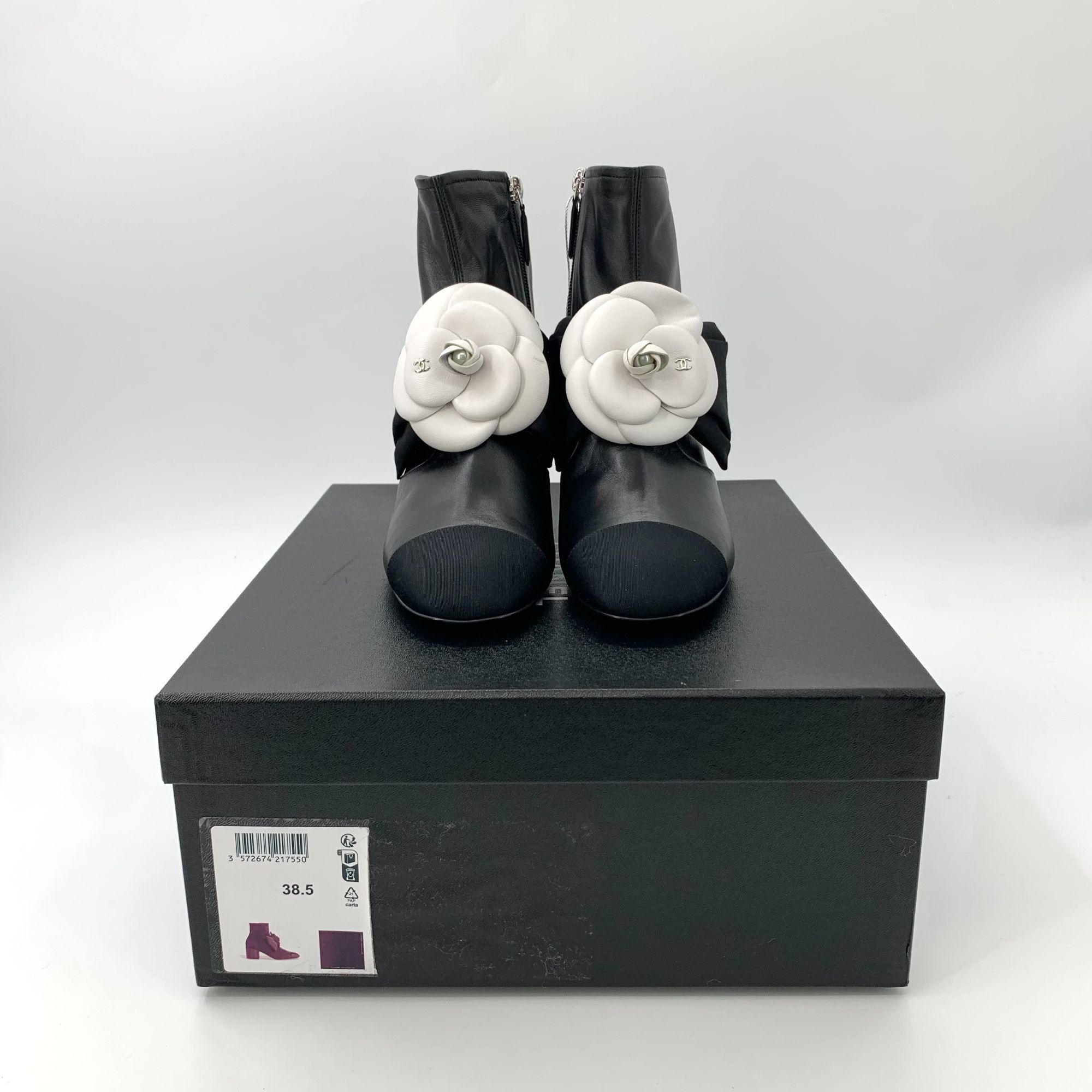 Chanel Chanel Black Leather Camellia-Embellished Chunky Heel Boots Size US 7.5 / IT 37.5 - 1 Thumbnail