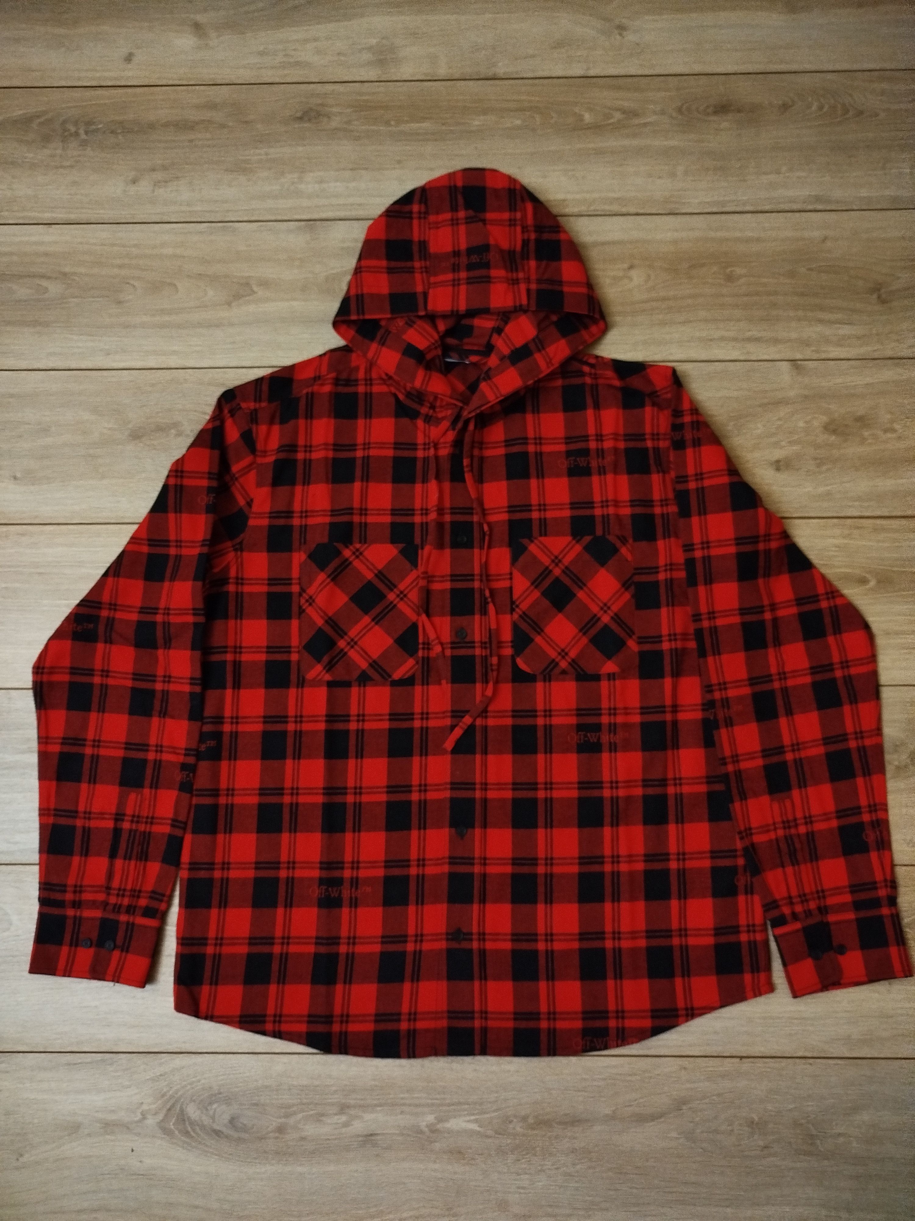 image of Off White Check Flannel Hooded Shirt in Red, Men's (Size 2XL)