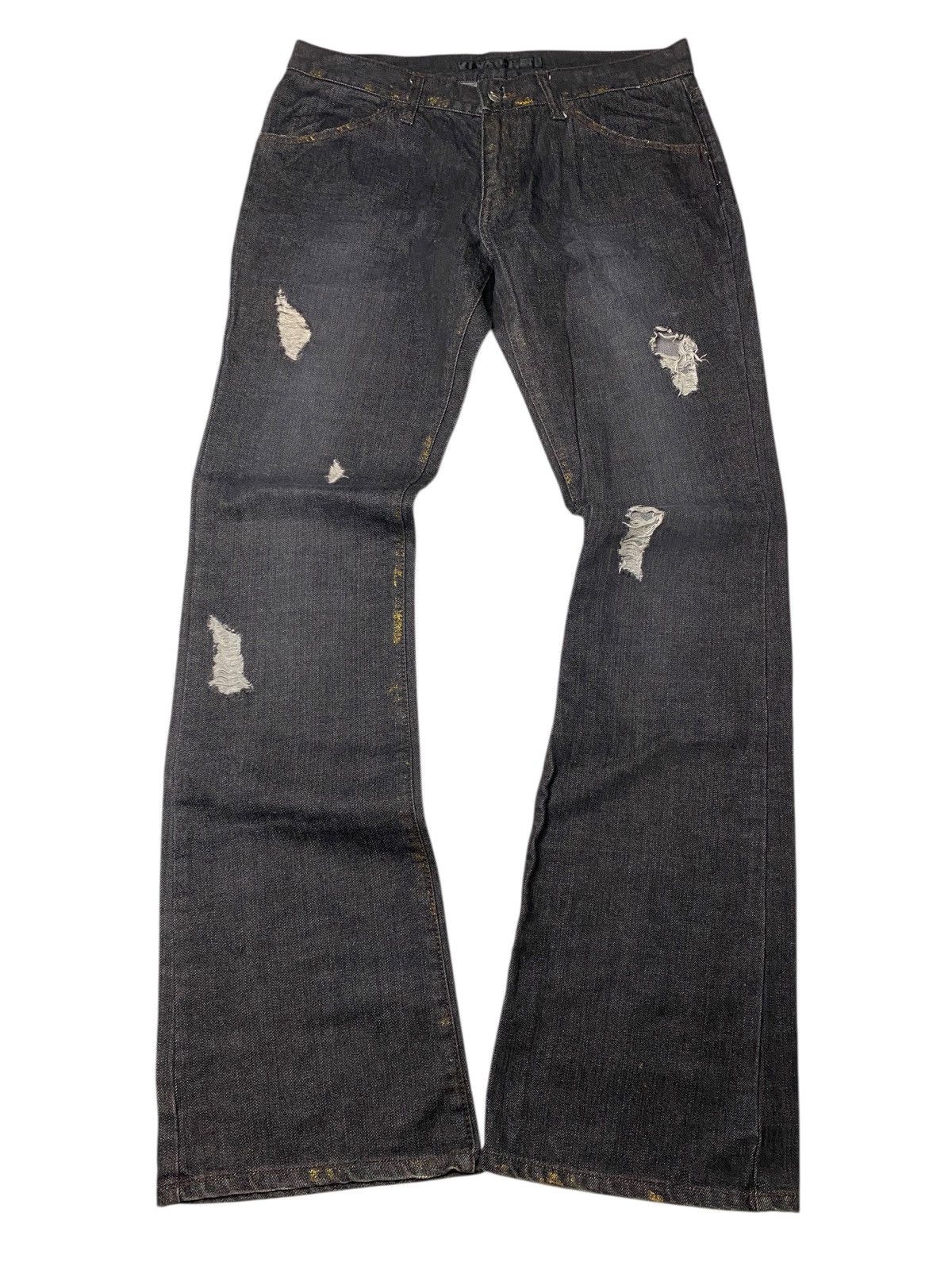 If Six Was Nine 2000's Schlussel Distressed Waxed Gold Flared Jeans Size US 31 - 1 Thumbnail