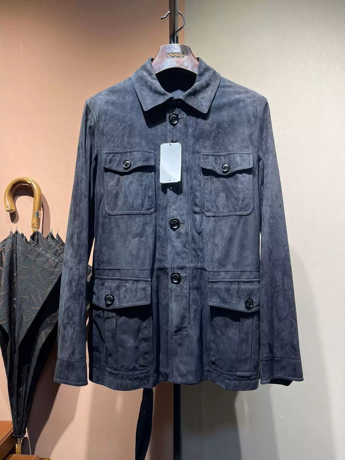 image of Ermenegildo Zegna Two-Piece Lamb Suede Safari Jacket in Navy, Men's (Size Medium)