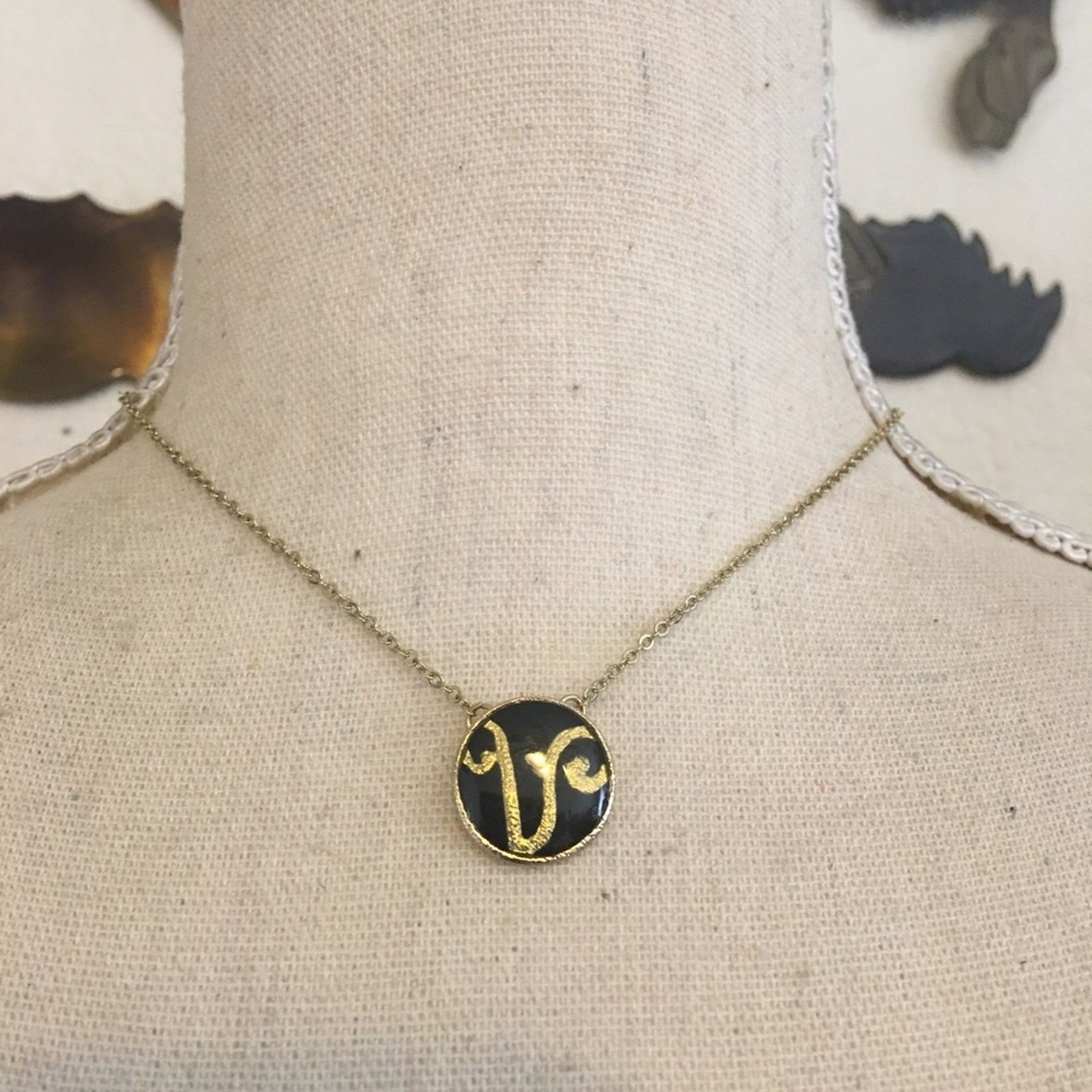 Jewelry Gold tone black enamel initial pendant on chain Size ONE SIZE - 1 Thumbnail