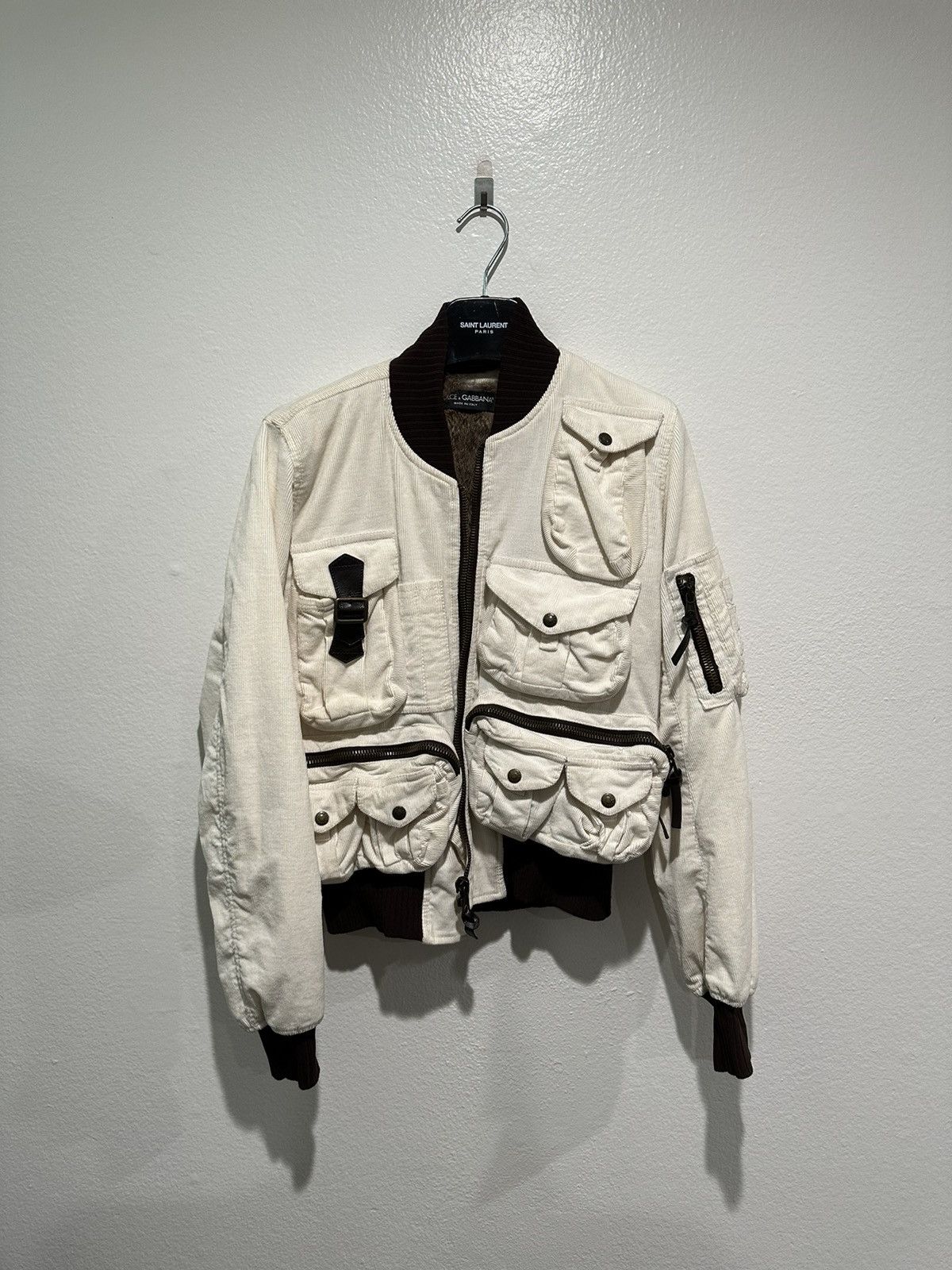 image of Dolce Gabbana Aw03 Rabbit Fur Lined Corduroy Cargo Jacket in White, Men's (Size Small)