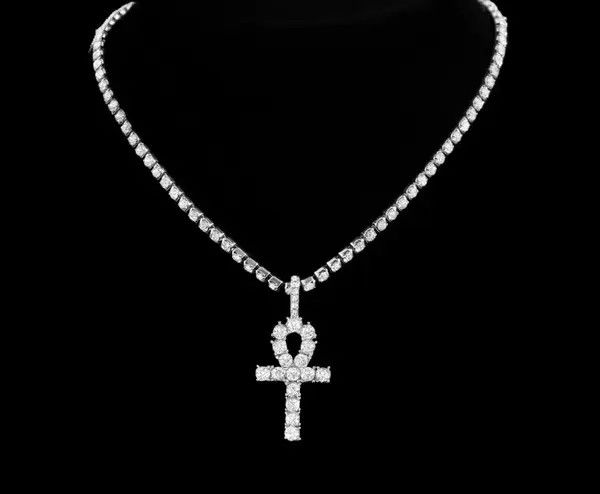 Jewelry Silver Diamond Ankh Cross Pendant Necklace Size ONE SIZE - 3 Thumbnail