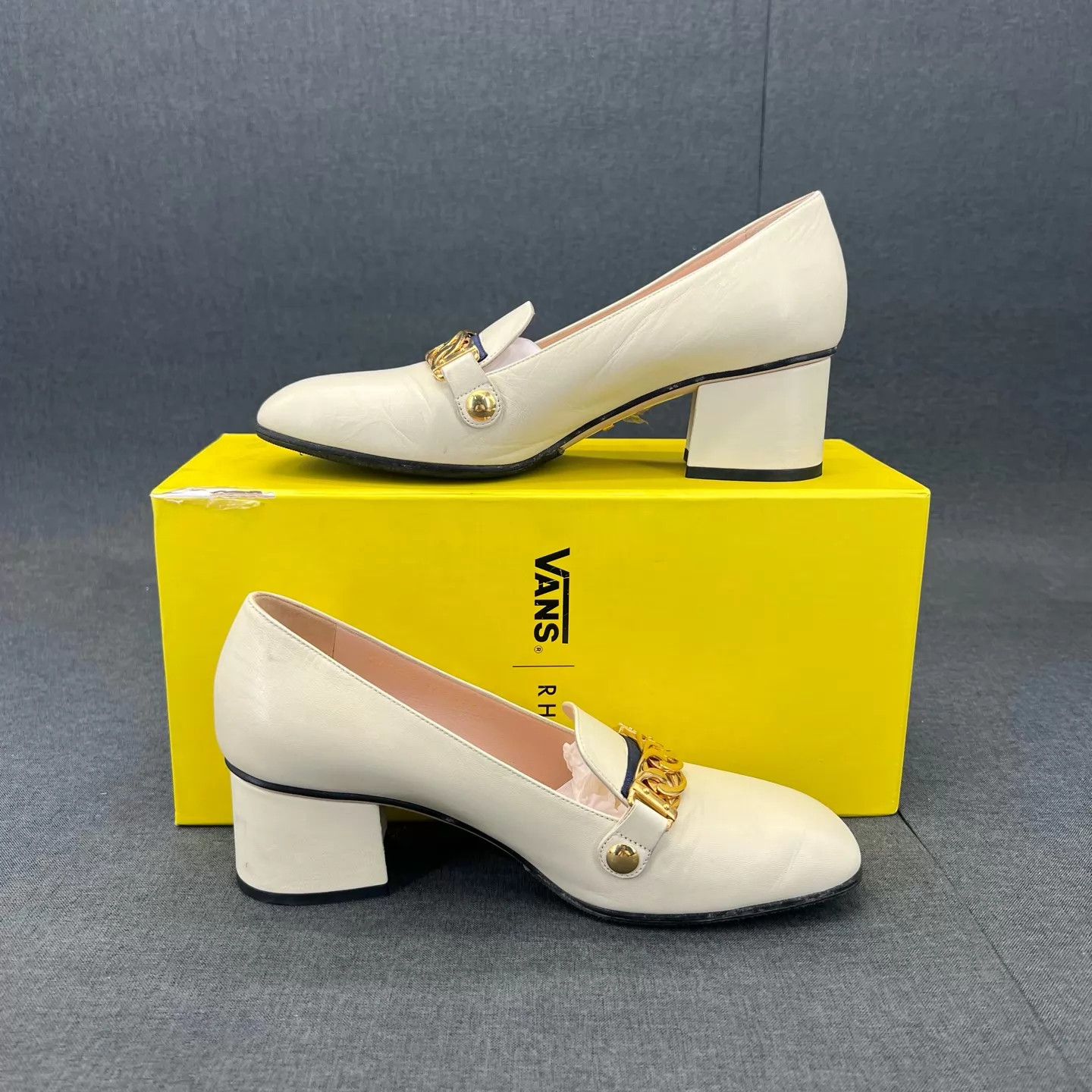 Gucci Gucci Sylvie Leather Block Heel Pumps Beige 37.5 Size US 7 / IT 37 - 6 Thumbnail