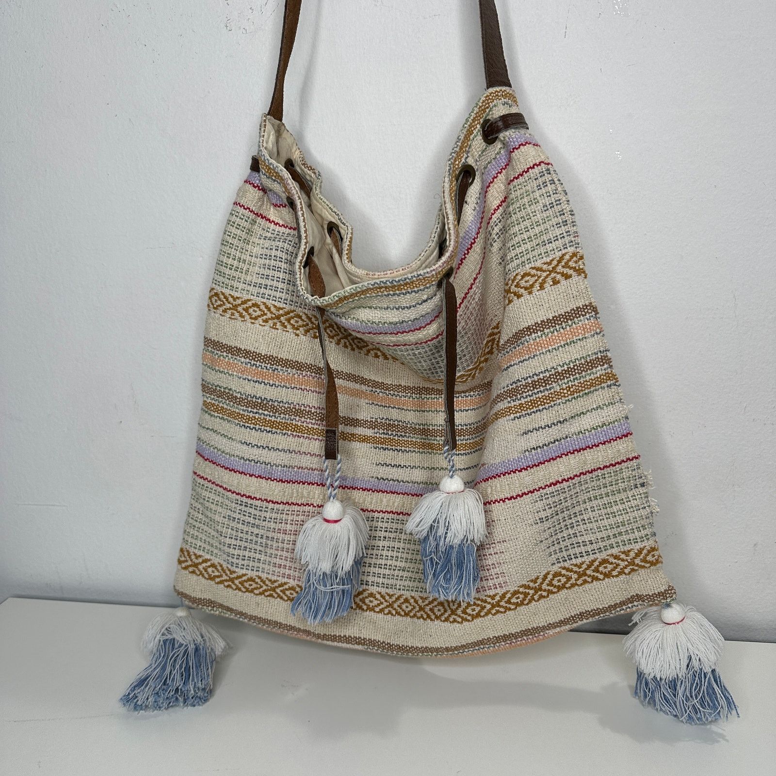 Other Lovestitch Tan Multicolor Striped Canvas Boho Bag Drawstring Size ONE SIZE - 3 Thumbnail