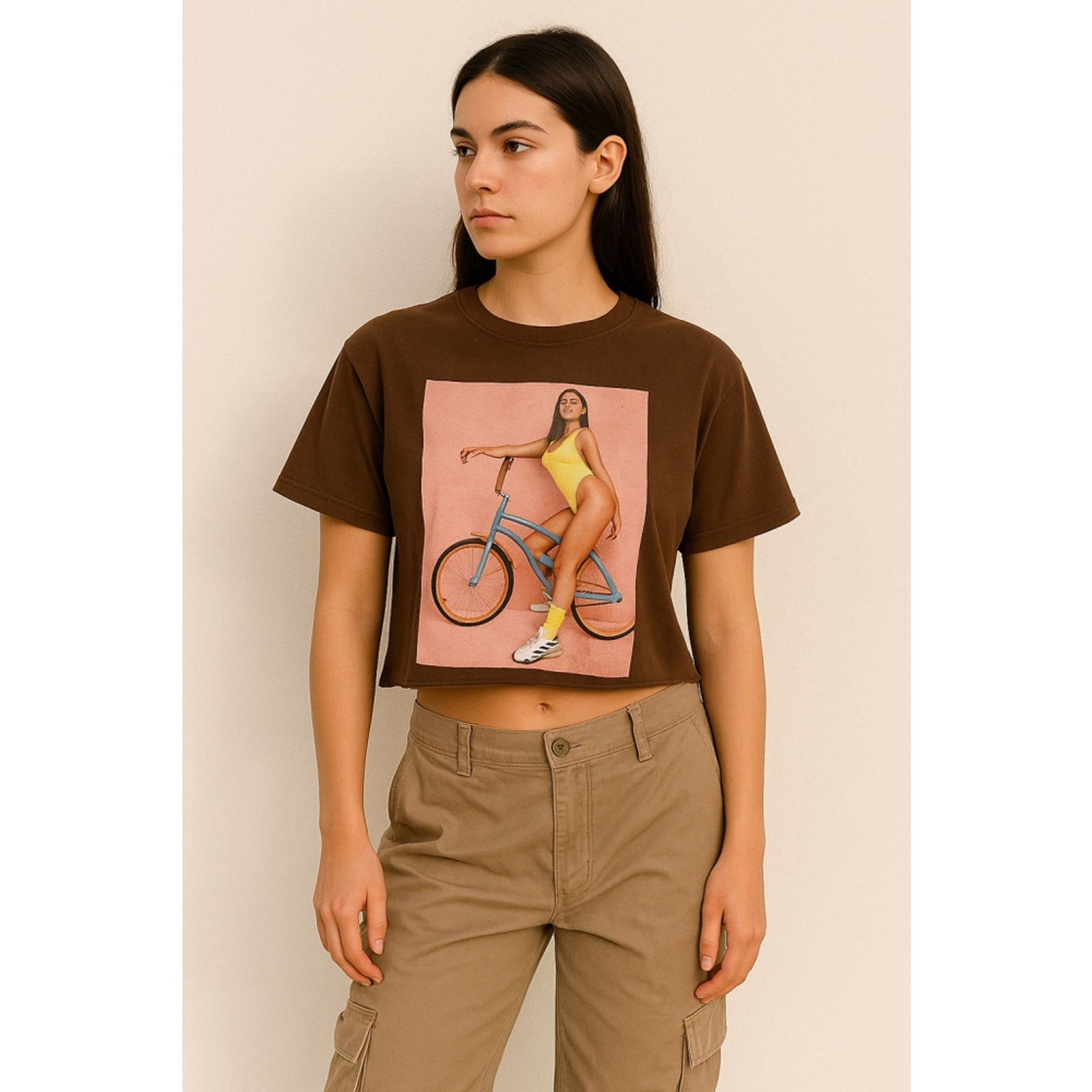 Other Y2K Brown Graphic Tee Girl on Bike Cropped Fit Unbranded S/M Size M / US 6-8 / IT 42-44 - 1 Thumbnail
