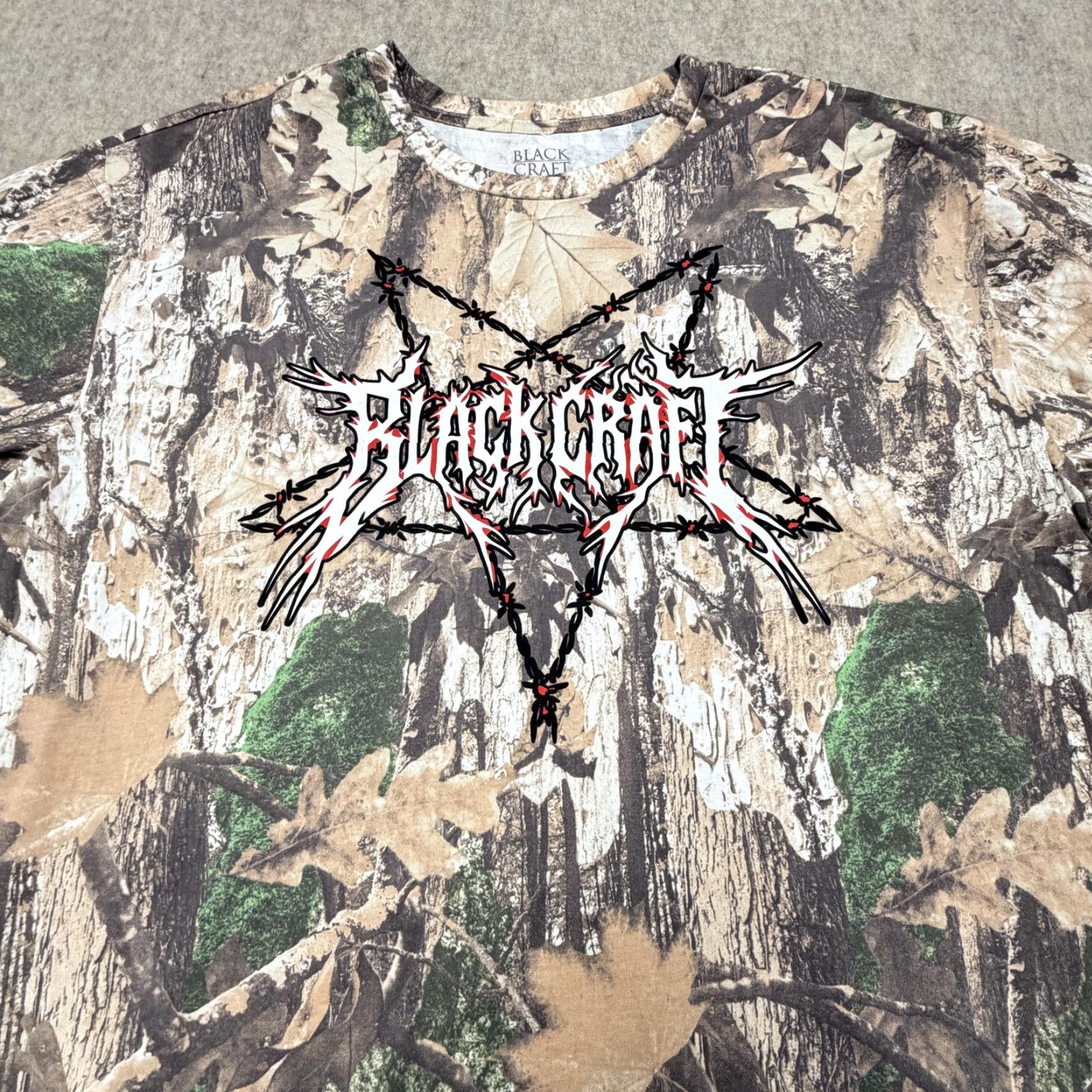 Vintage BlackCraft Shirt Mens XL Brown Camo Pentagram All Over Graphic Gothic Tee Size US XL / EU 56 / 4 - 3 Thumbnail