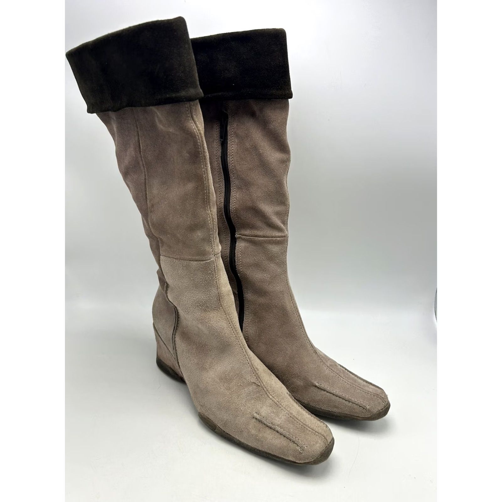 Vintage Steven by Steve Madden Wedge Boots Womans 7 Beige Suede Leather Riding 37 Gum Sole 2" Zip Brown Size US 7 / IT 37 - 3 Thumbnail