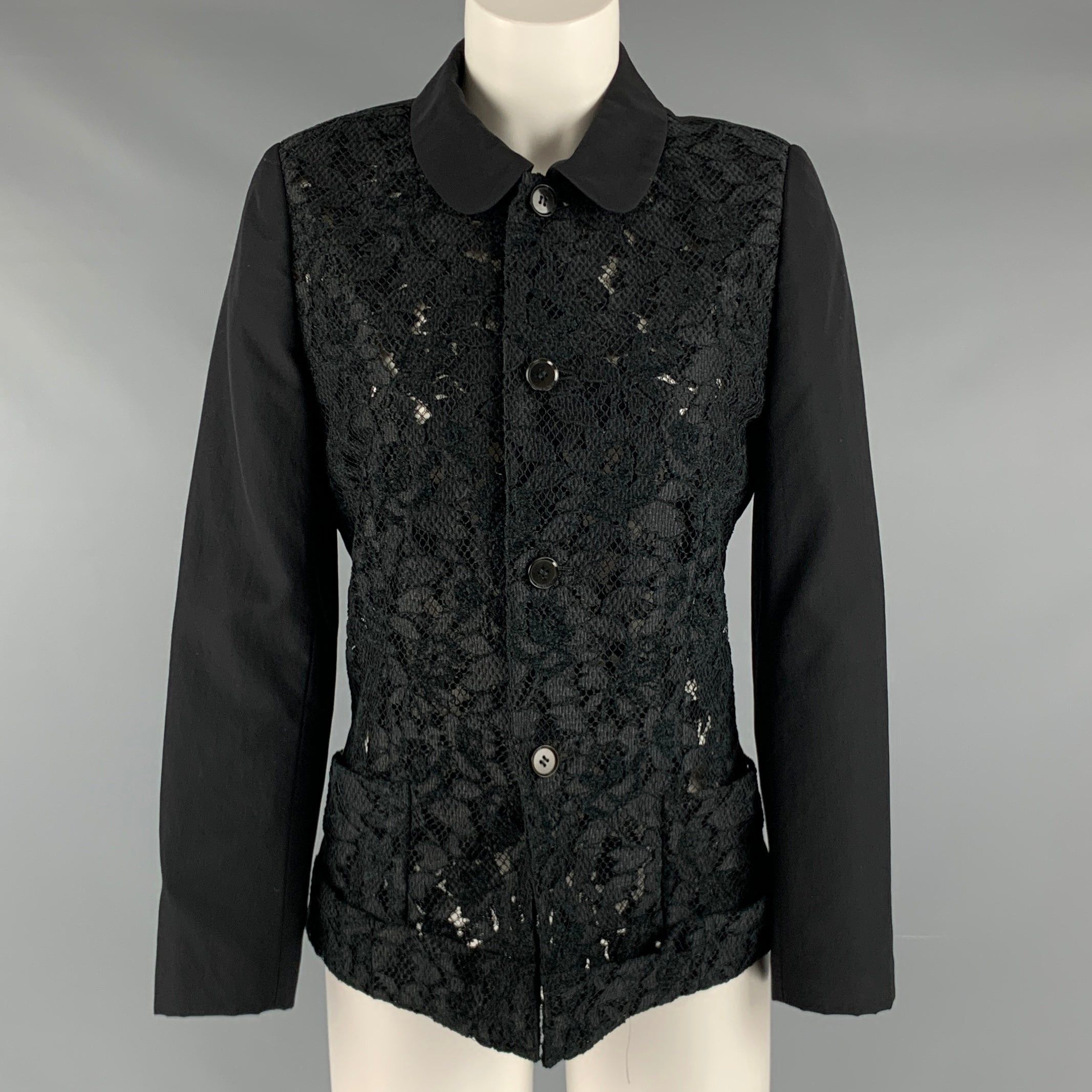 image of Comme Des Garcons Black Wool Lace Jacket, Women's (Size Small)