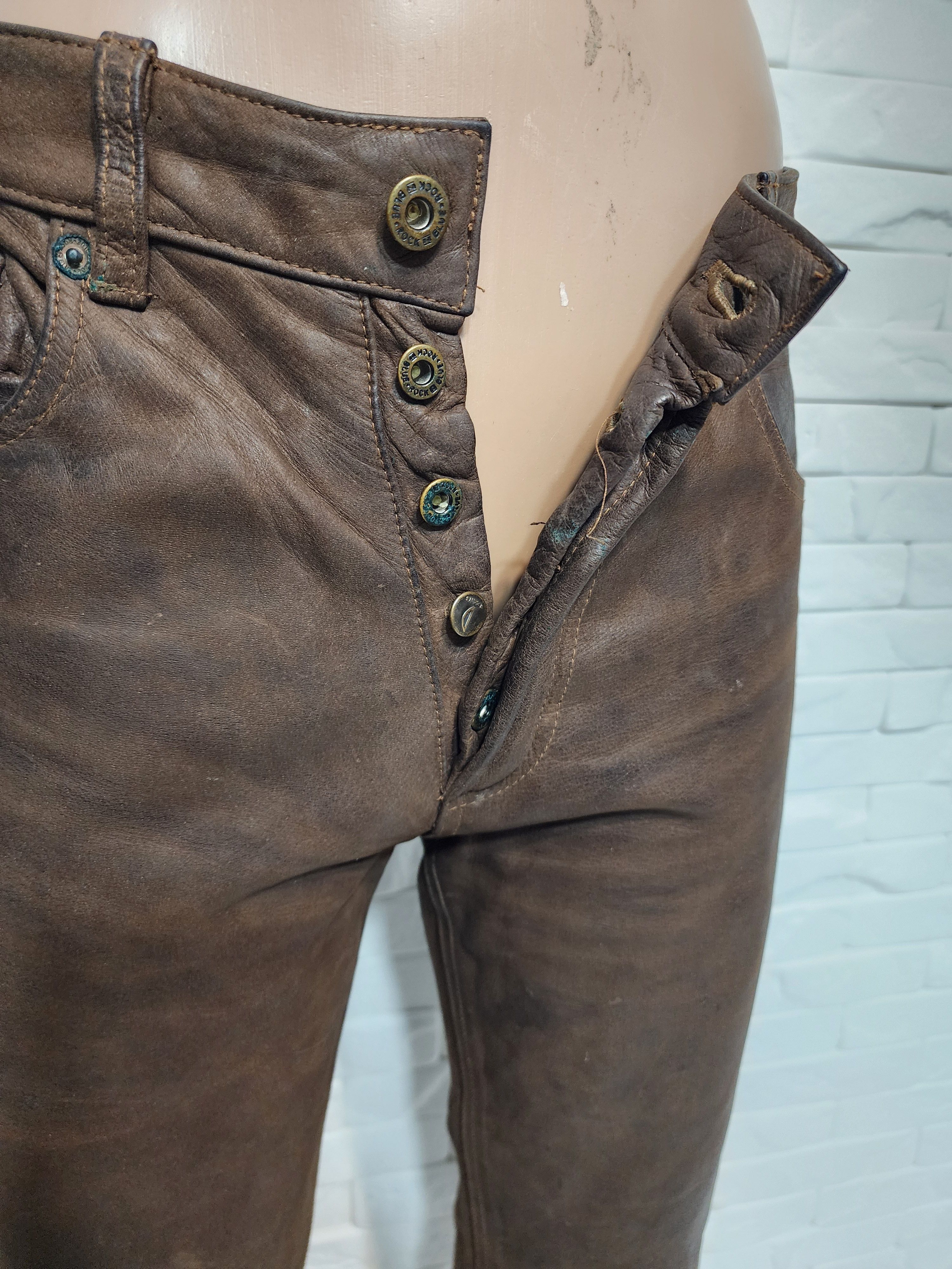 Genuine Leather Brown Nubuck Leather Pants - Denim Cut - Men's Size 29 Size US 29 - 4 Thumbnail