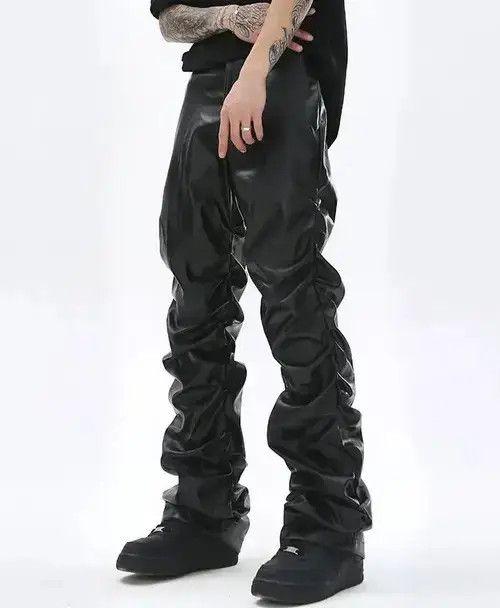 Leather Loose Ruched Casual Pu Leather Pants Streetwear Punk Rock Size US 32 / EU 48 - 2 Thumbnail
