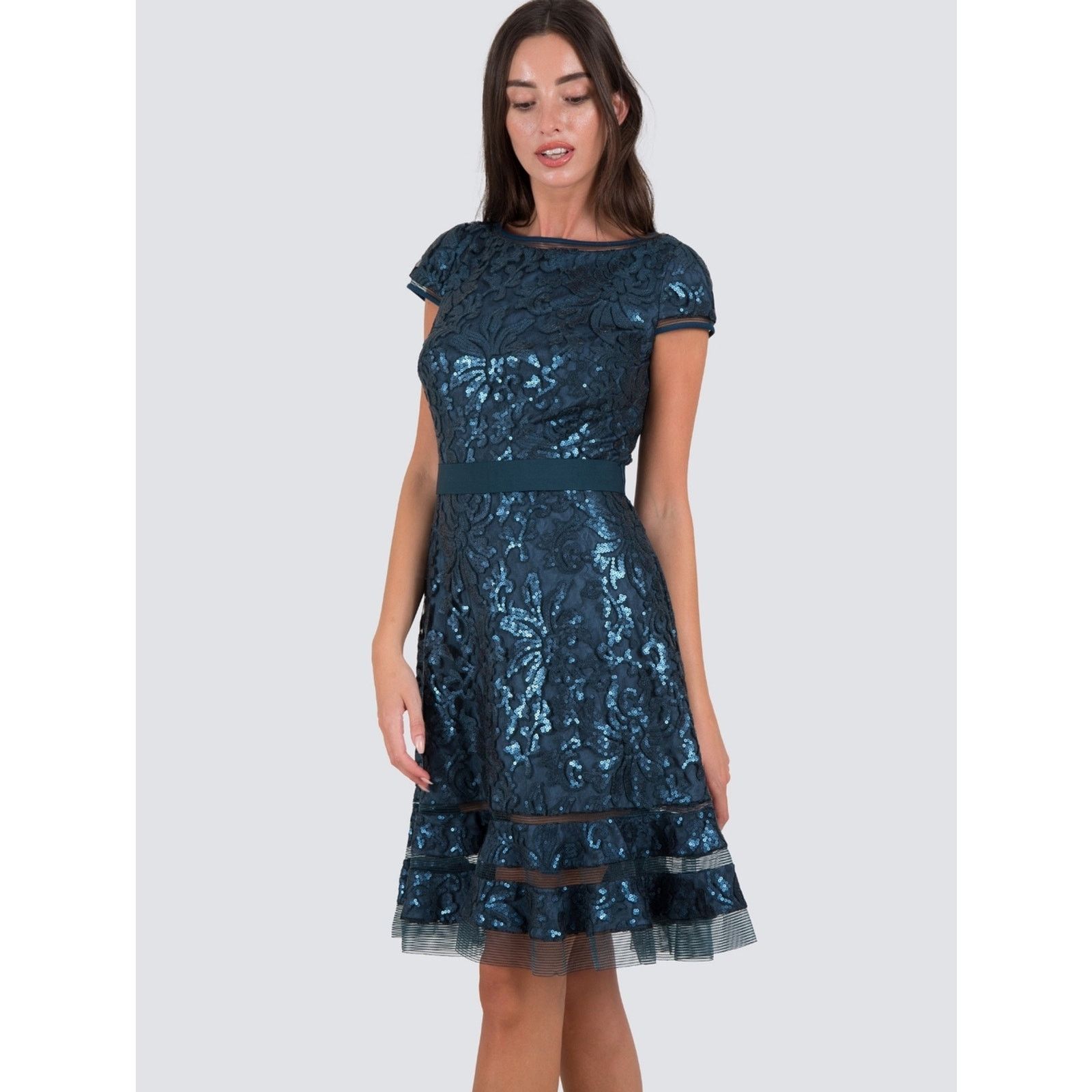 Tadashi Shoji Tadashi Shoji Navy Sequin Lace Fit-and-Flare Dress 14 Size L / US 10 / IT 46 - 3 Thumbnail
