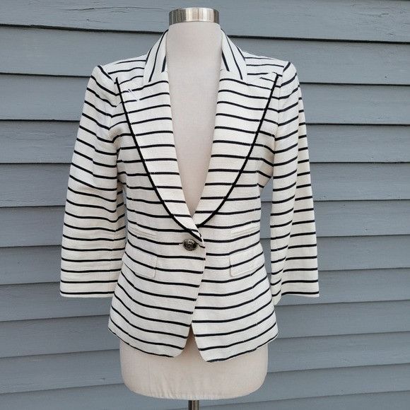 SMYTHE Smythe Linen White Black Striped Natural Fiber Preppy Nautic Size M / US 6-8 / IT 42-44 - 2 Thumbnail