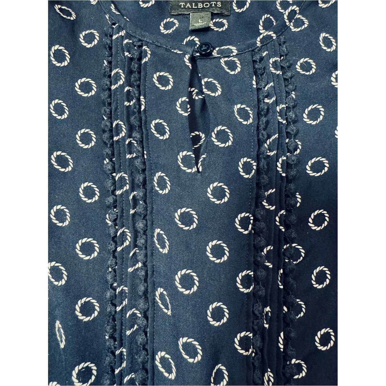 Talbots Talbots 100% Silk Navy and White Geometric Print 3/4 Sleeve Size L / US 10 / IT 46 - 5 Thumbnail