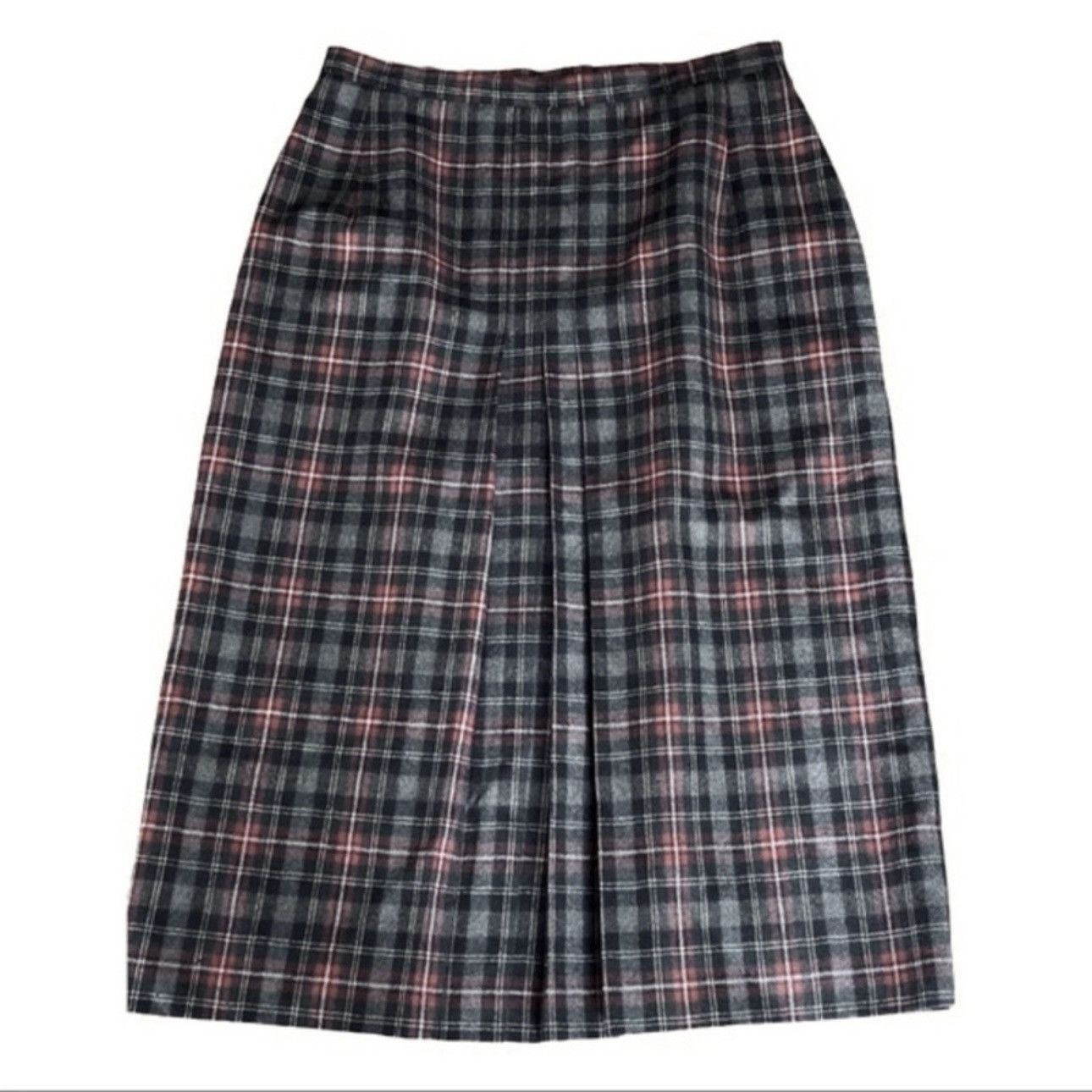 Vintage Vintage 70s Wool Plaid Pleated Skirt Gray Red L 14 Size 36" / US 14 / IT 50 - 1 Thumbnail