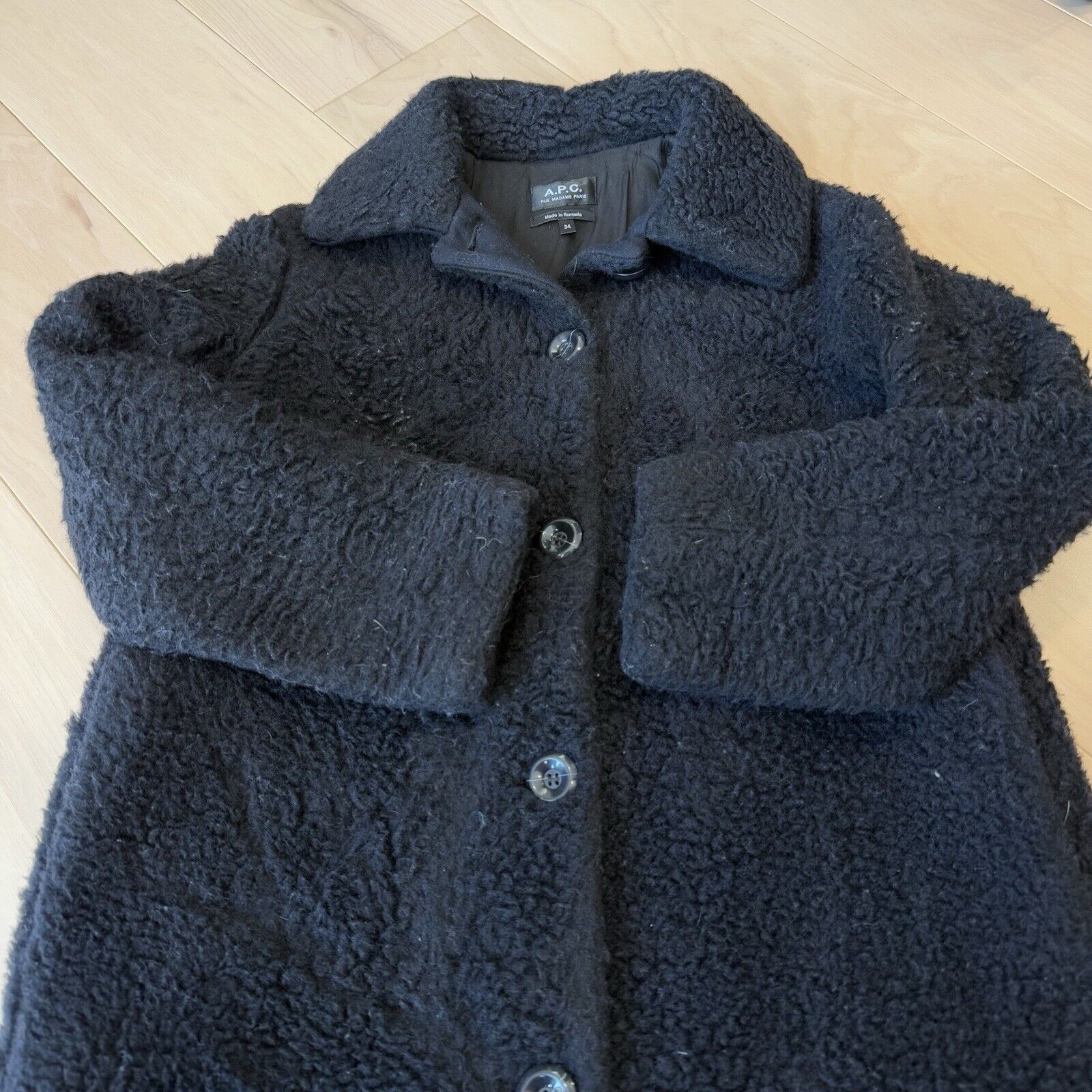 A.P.C. APC Shearling Jacket 34 Black Wool Cotton Long Tench Sherpa Size US M / EU 48-50 / 2 - 5 Thumbnail
