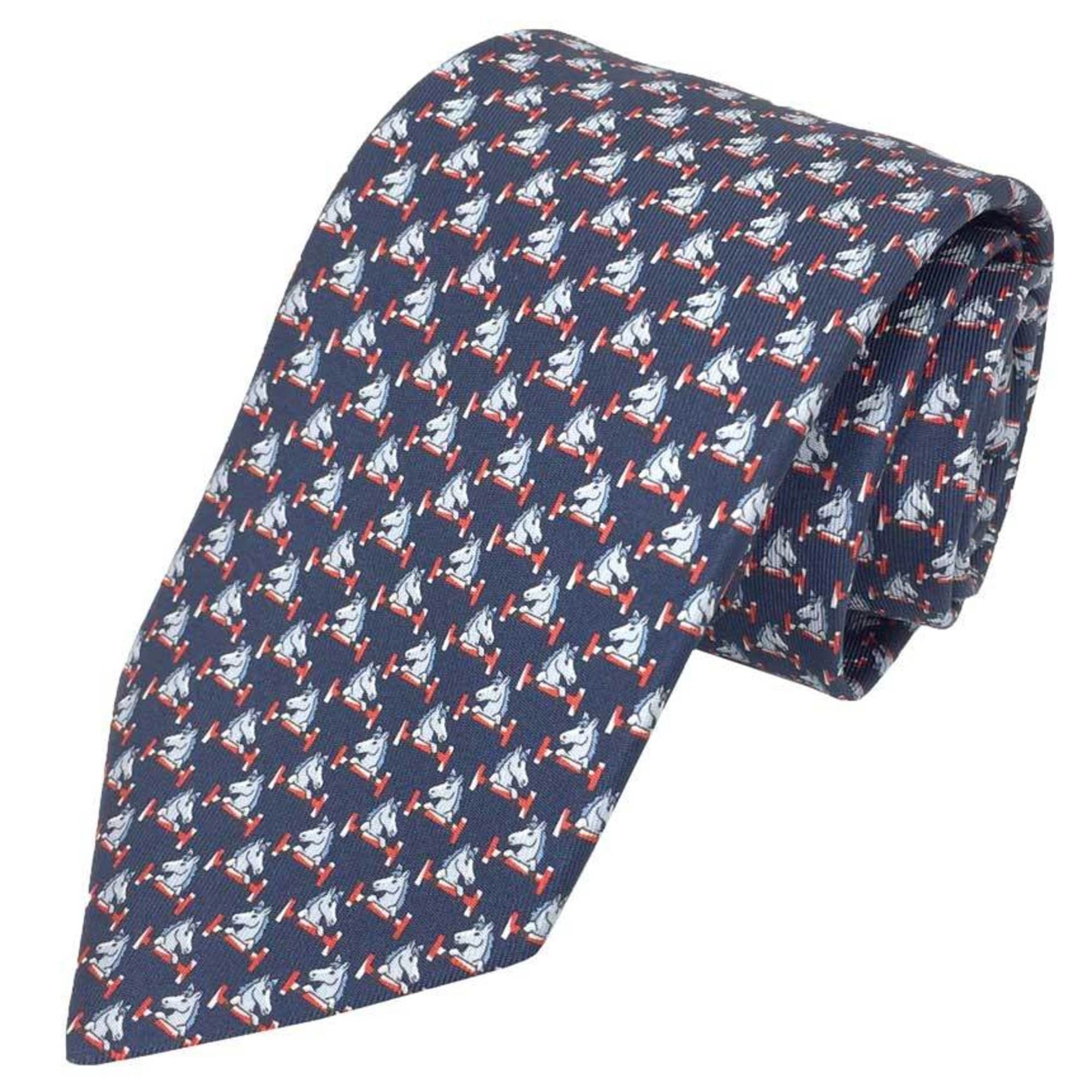 Hermes Hermes Tie CRAVATE TWILL TIE 8 CHEVAL AU BAR Horse 606278T 04 Navy MARINE/ROUGE Men's Size ONE SIZE - 1 Thumbnail