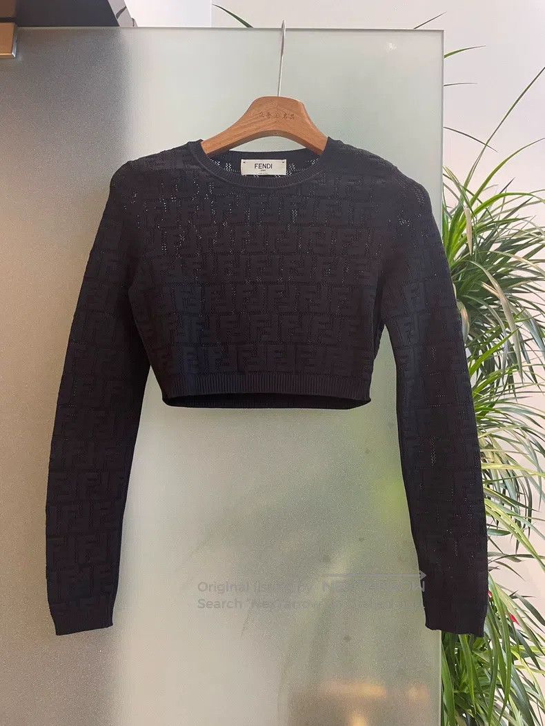 Fendi Fendi Cut-Out Black Full Print Logo Knit Crop Top Size XS / US 0-2 / IT 36-38 - 2 Thumbnail