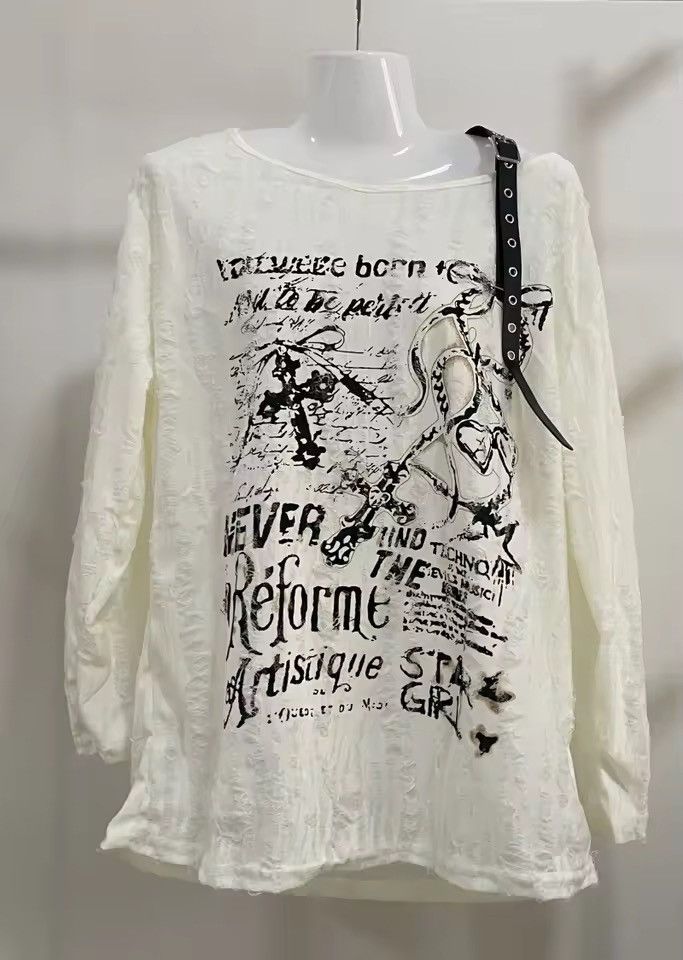 Japanese Brand Grunge Distressed Off-Shoulder Graphic Longsleeve Size S / US 4 / IT 40 - 6 Thumbnail