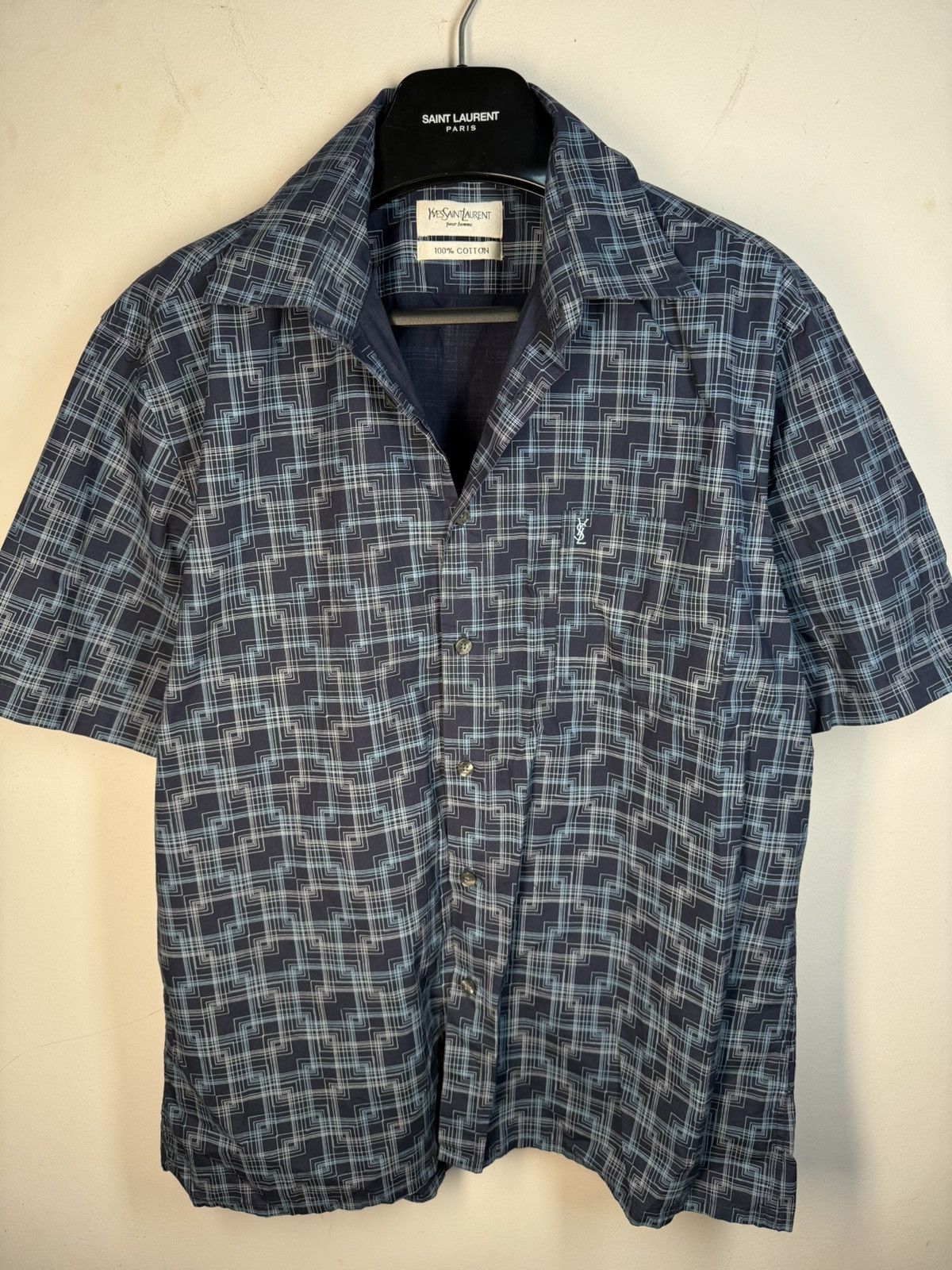 Yves Saint Laurent Summer YSL Shirt Matrix Logo Button Up Collar Shortsleeve Size US L / EU 52-54 / 3 - 8 Thumbnail