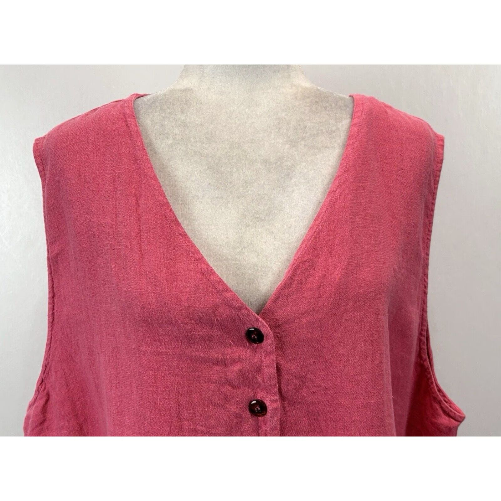 Vintage Kiko Women Tank Top Sz 3X Plus Pink Linen Sleeveless V-Neck Button Front Casual Lagenlook Summer Spring Size XXL / US 16-18 / IT 52-54 - 5 Thumbnail