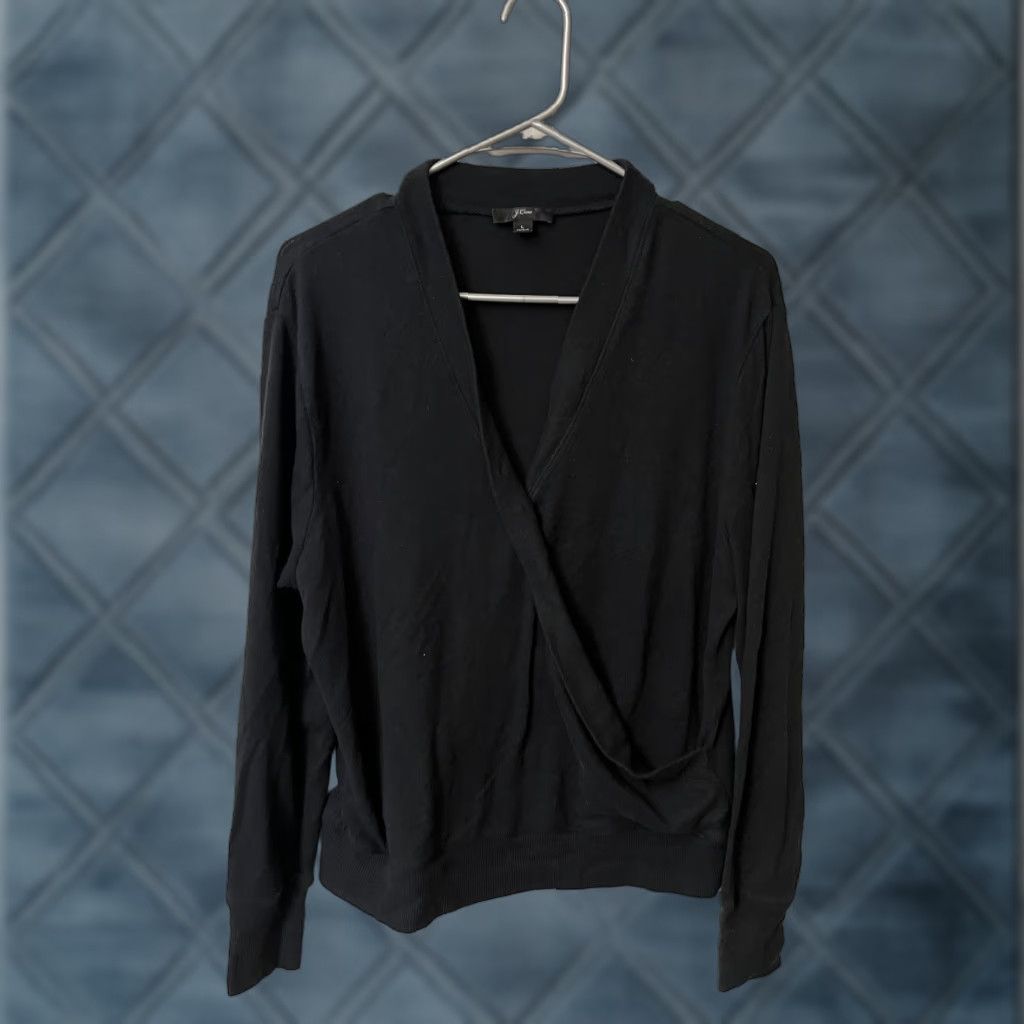 J.Crew J.CREW Blouse Women's L Black Solid Lightweight Stretchy Faux Wrap V-Neck Knit Shirt Long Sleeve Casual Modern 80s 90s Size L / US 10 / IT 46 - 1 Thumbnail