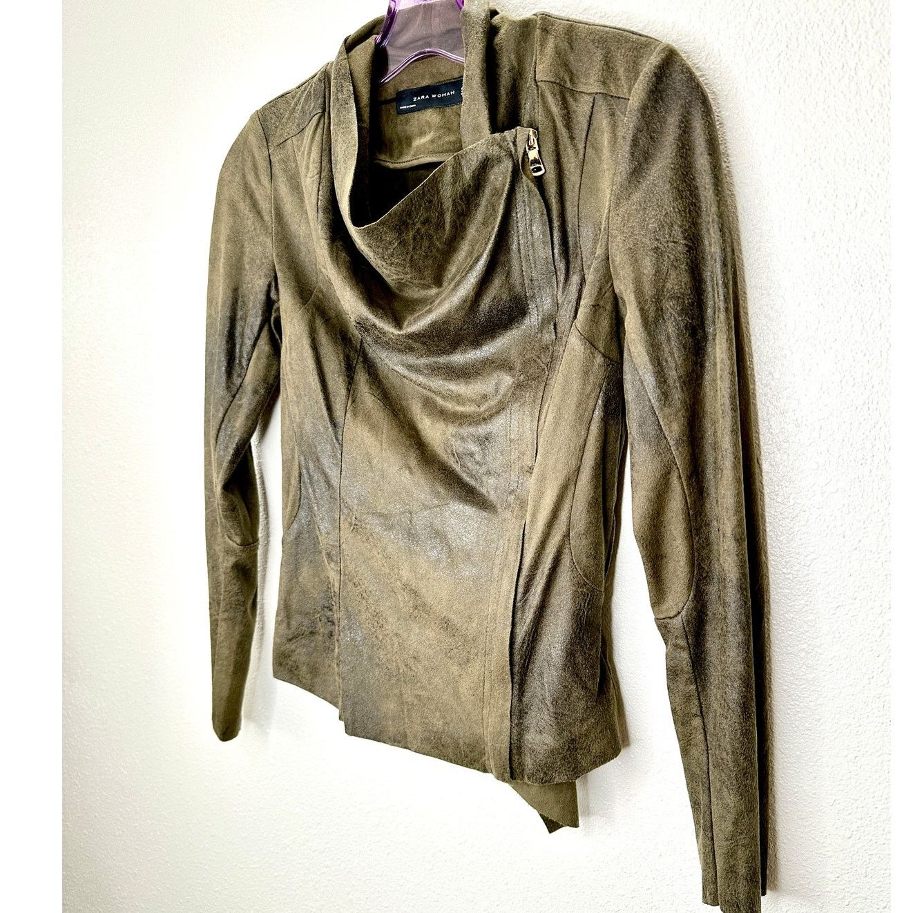 Zara Zara Olive Green Black Suede Side Zip Cowel Neck Jacket XS Size XS / US 0-2 / IT 36-38 - 3 Thumbnail