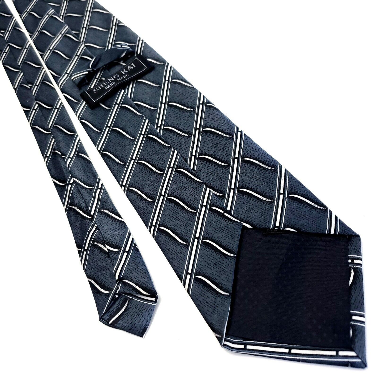 Vintage Sheng Kai Blue Gray Silk Tie Woven Geometric Striped Size ONE SIZE - 3 Thumbnail