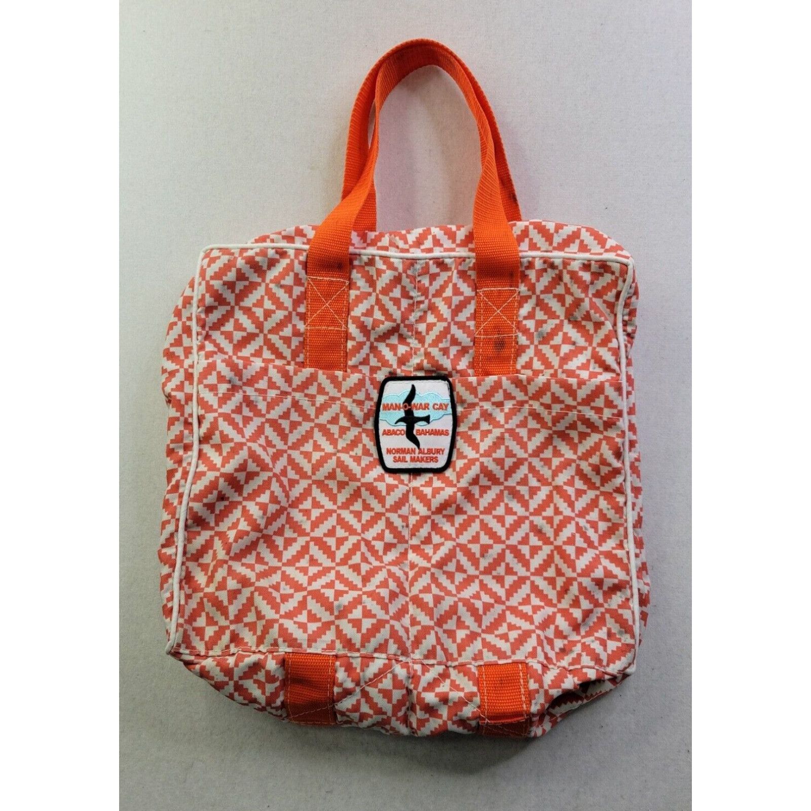 image of Vintage Norman Albury Sail Maker Man-O-War Cay L Zip Up Orange Boat Tote Beach Stains in White, Wom