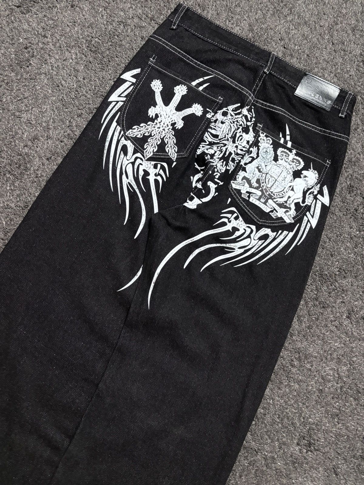 Jean × Vintage Vintage rare tribal medieval blazon sword black baggy jeans Size US 33 - 2 Thumbnail