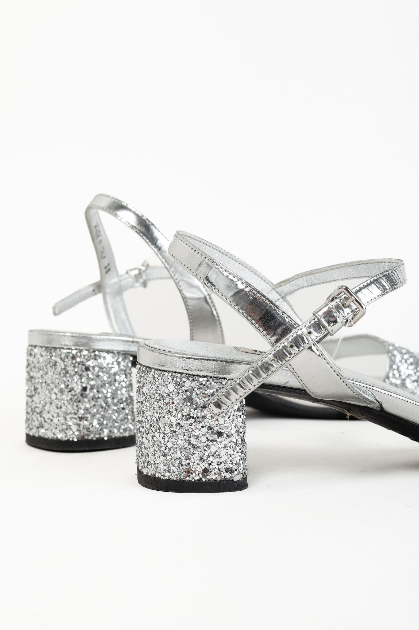 Miu Miu Miu Miu Silver Glitter & Leather Low-Heel Sandals Size US 7.5 / IT 37.5 - 7 Thumbnail