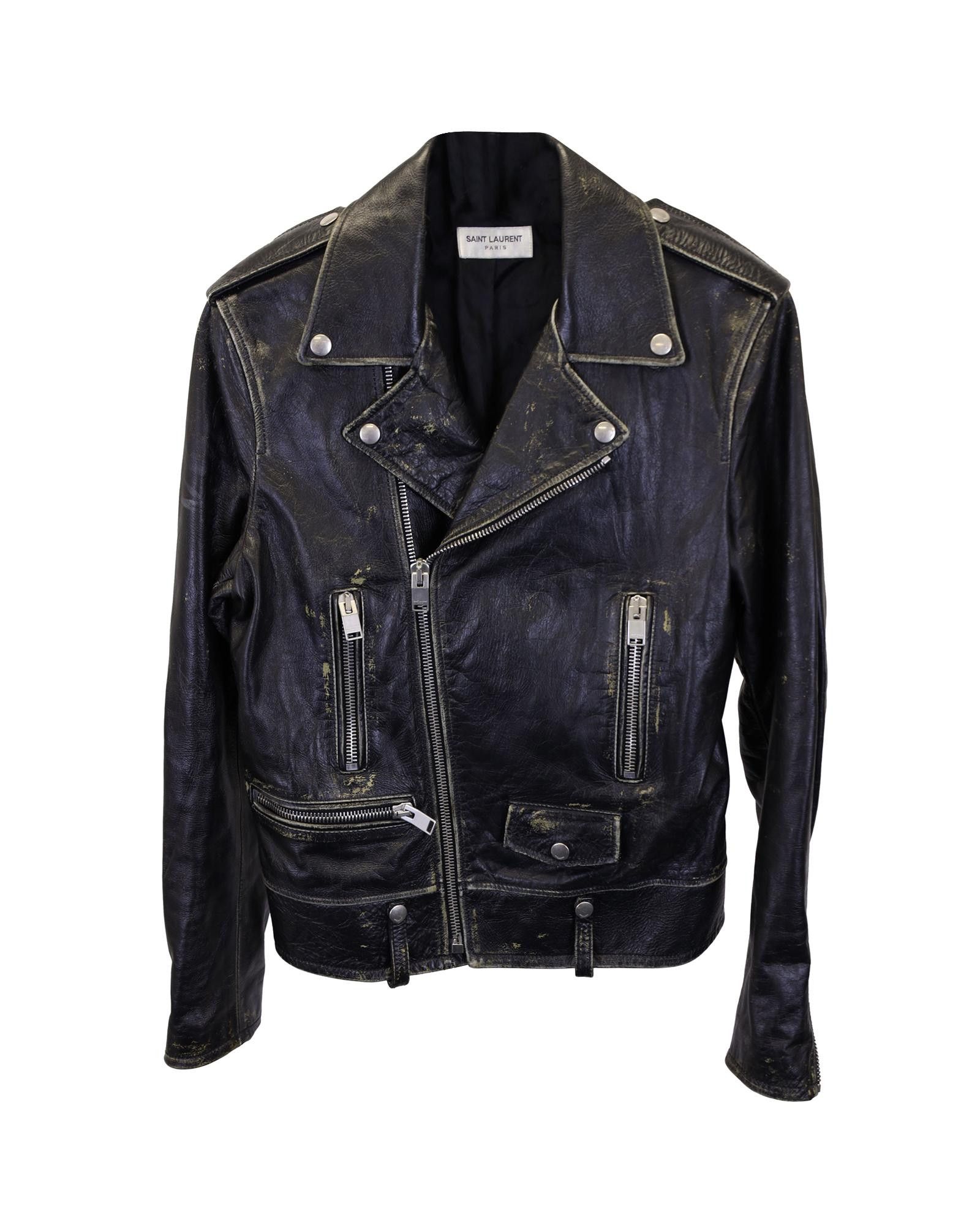image of YVES Saint Laurent Distressed Black Leather Biker Jacket With Chunky Hardware, Men's (Size Small)